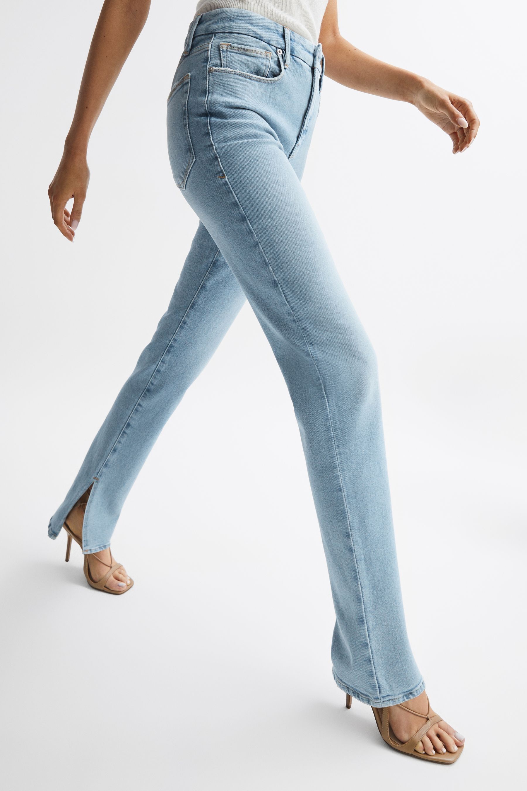 Good American High Rise Inseam Split Jeans, Mid Blue, Size: 27