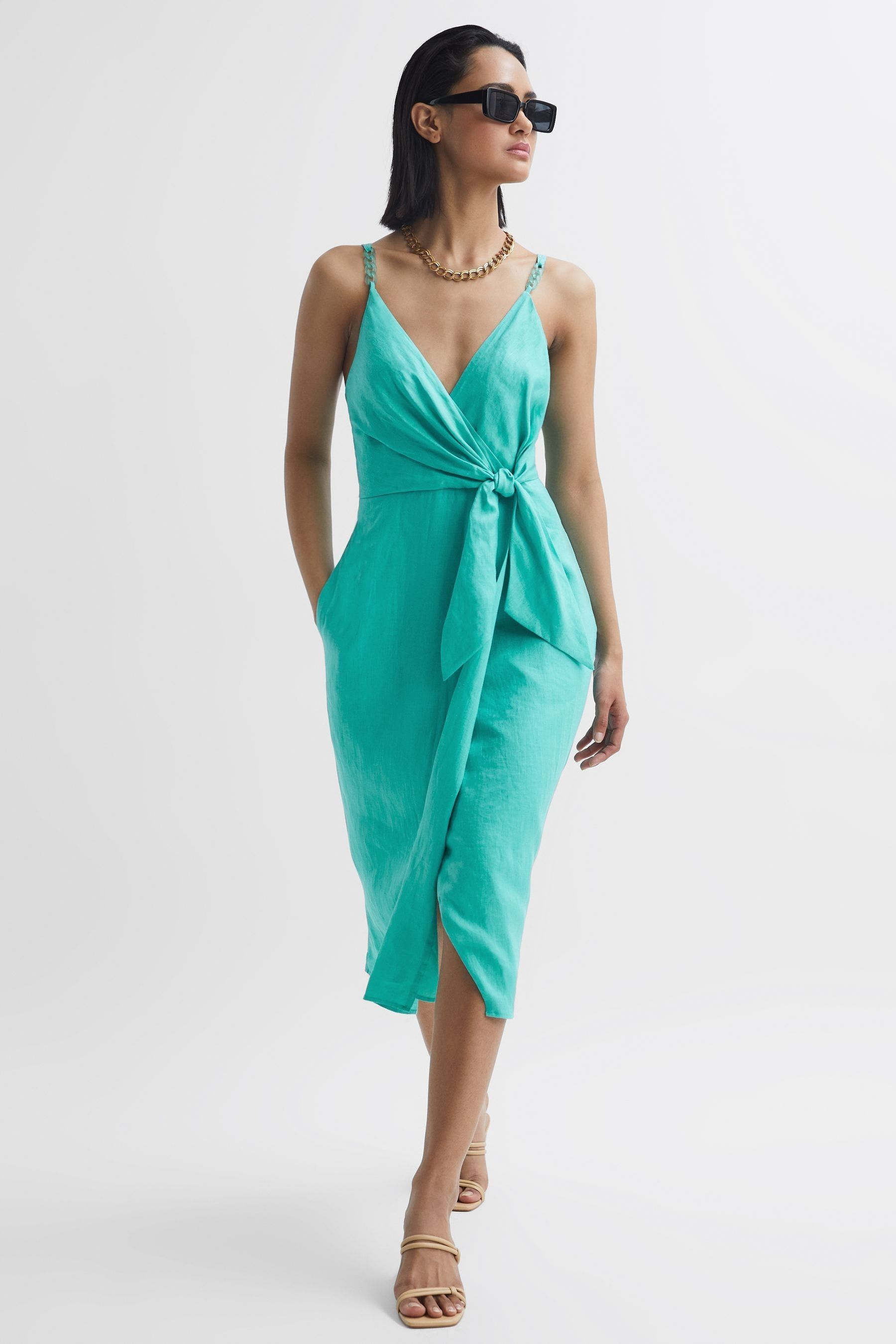 Shop Reiss Esme - Aqua Petite Linen Side Tie Midi Dress, Us 4