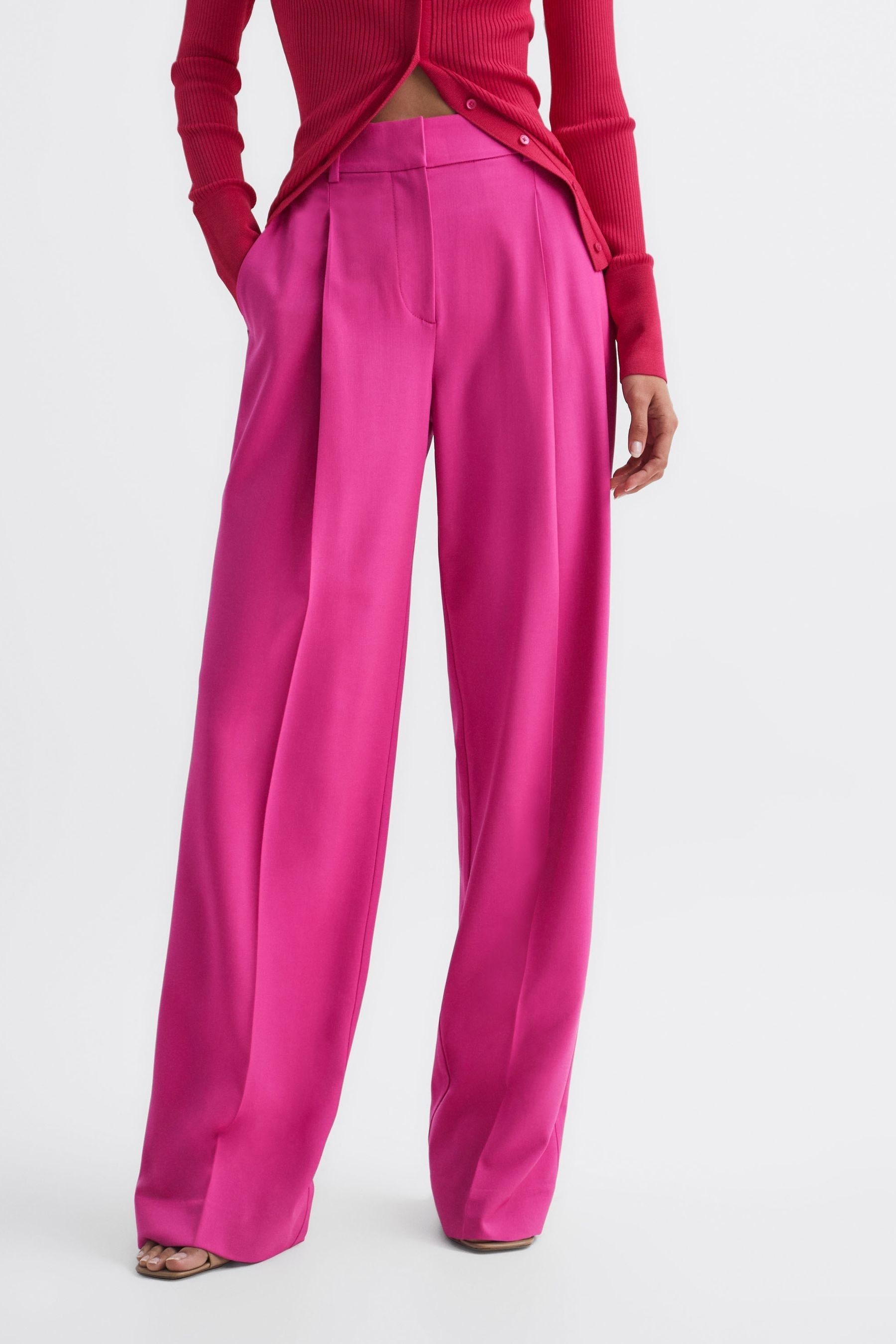 REISS CHRISTA - PINK WIDE LEG WOOL PLEATED TROUSERS, US 6