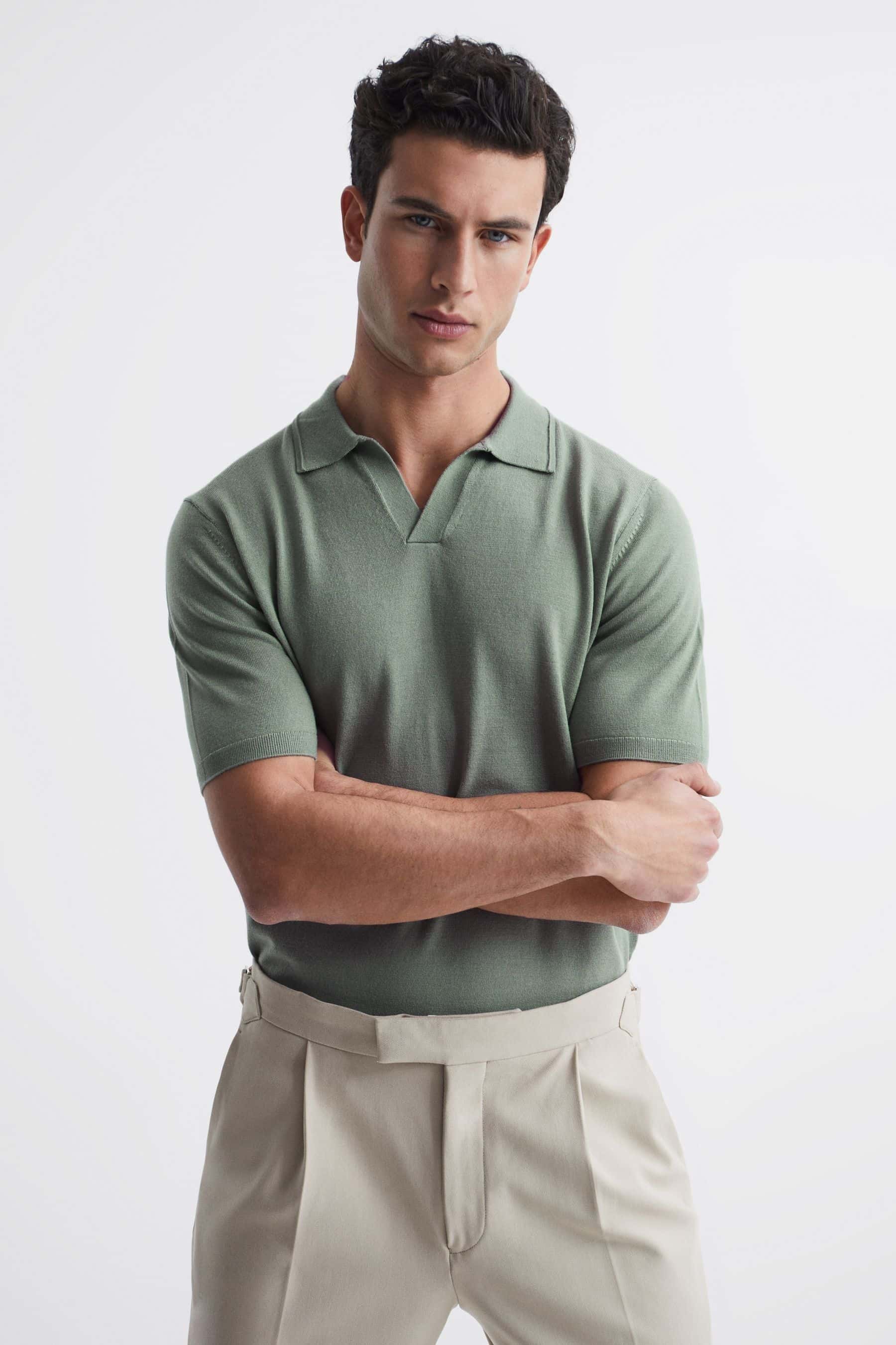 Reiss Duchie Open Collar Merino Polo In Kale