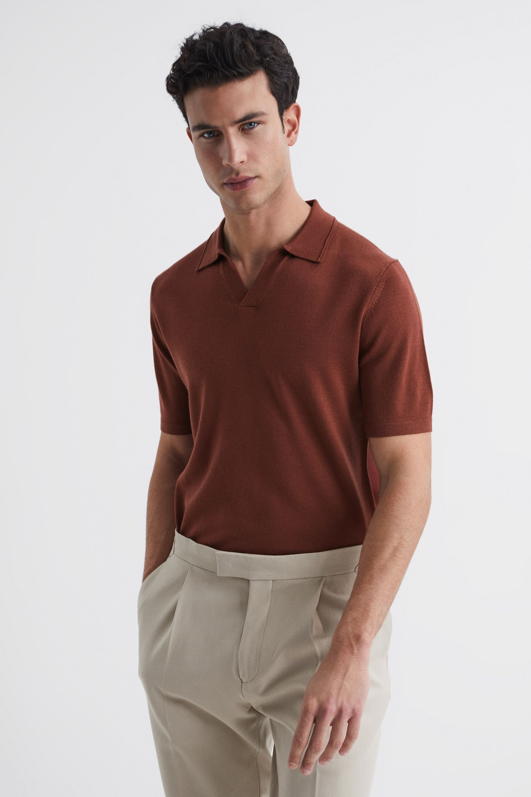 REISS DUCHIE - RUSSET MERINO WOOL OPEN COLLAR POLO SHIRT, XL