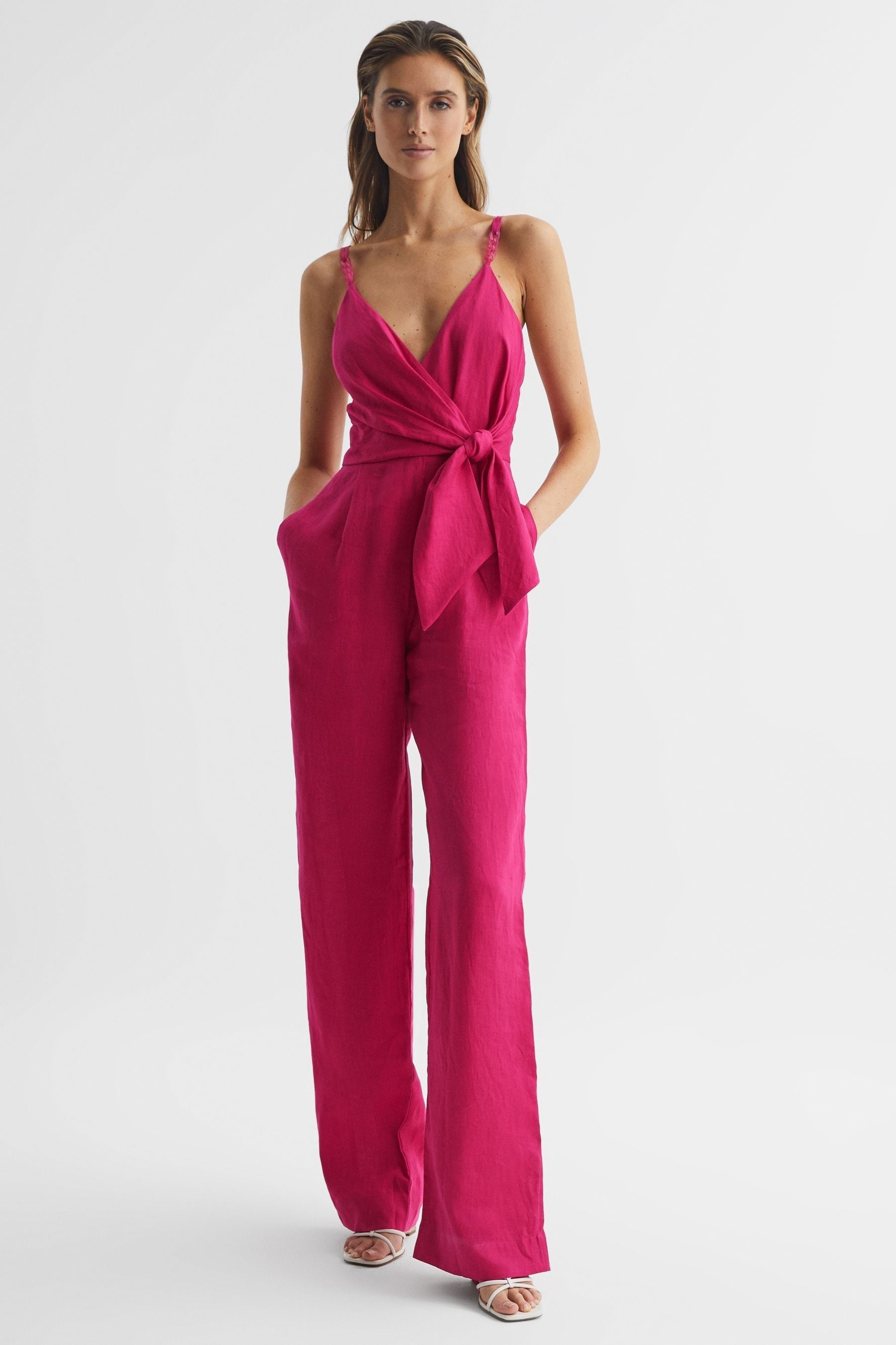 Reiss Womens Pink Emila Chain-embellished Linen Jumpsuit