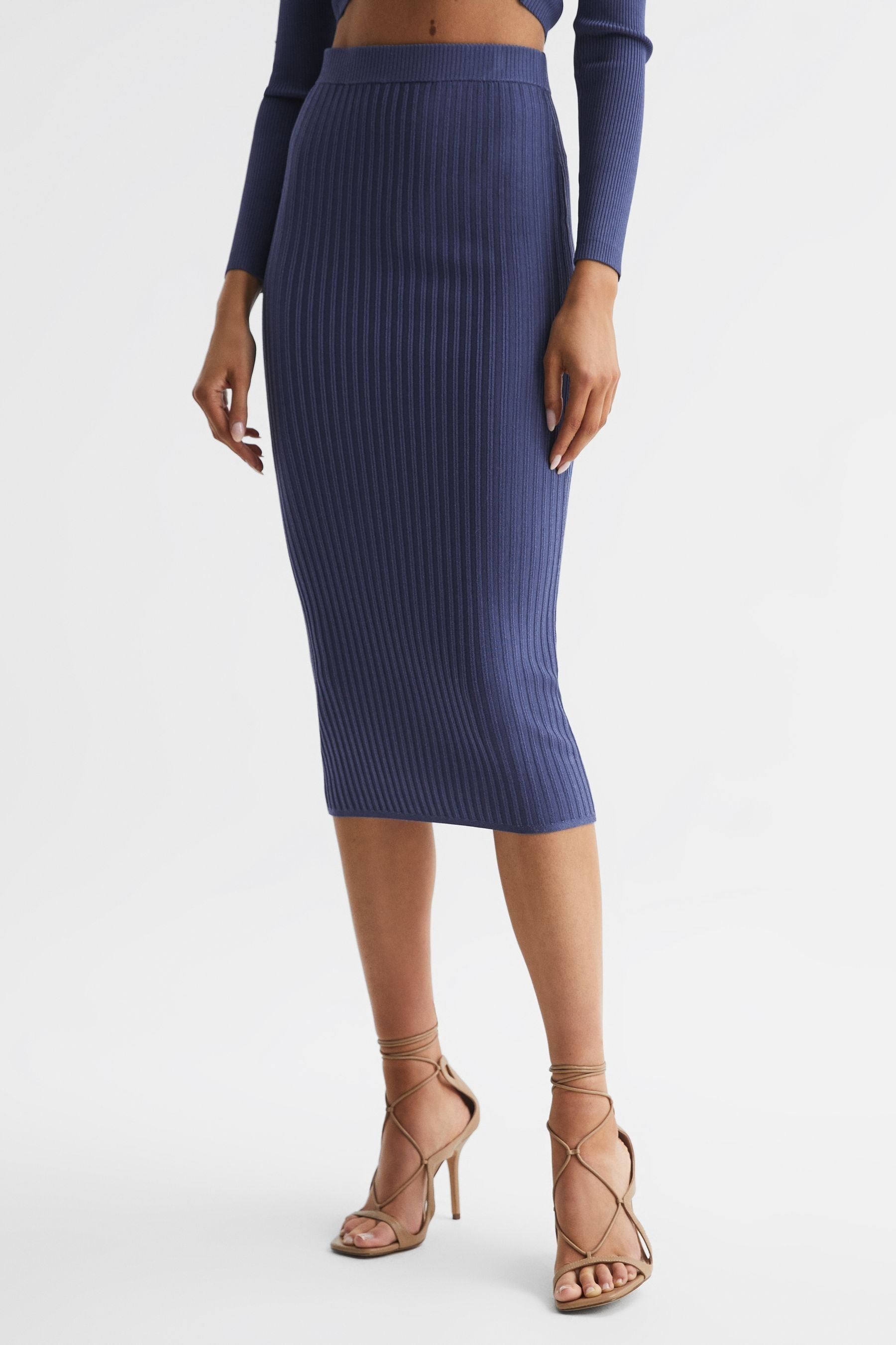 Reiss Iona Pencil Ribbed-knit In Blue