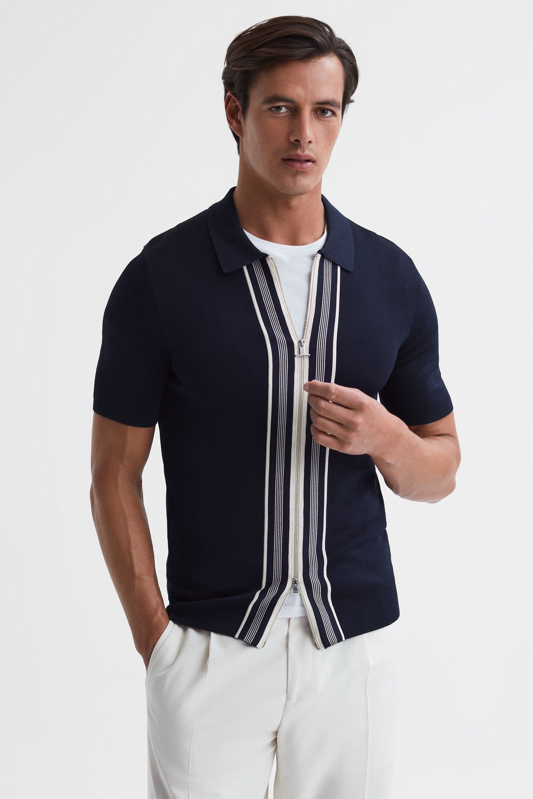 Castleton - Navy Zip Front Striped Polo Shirt