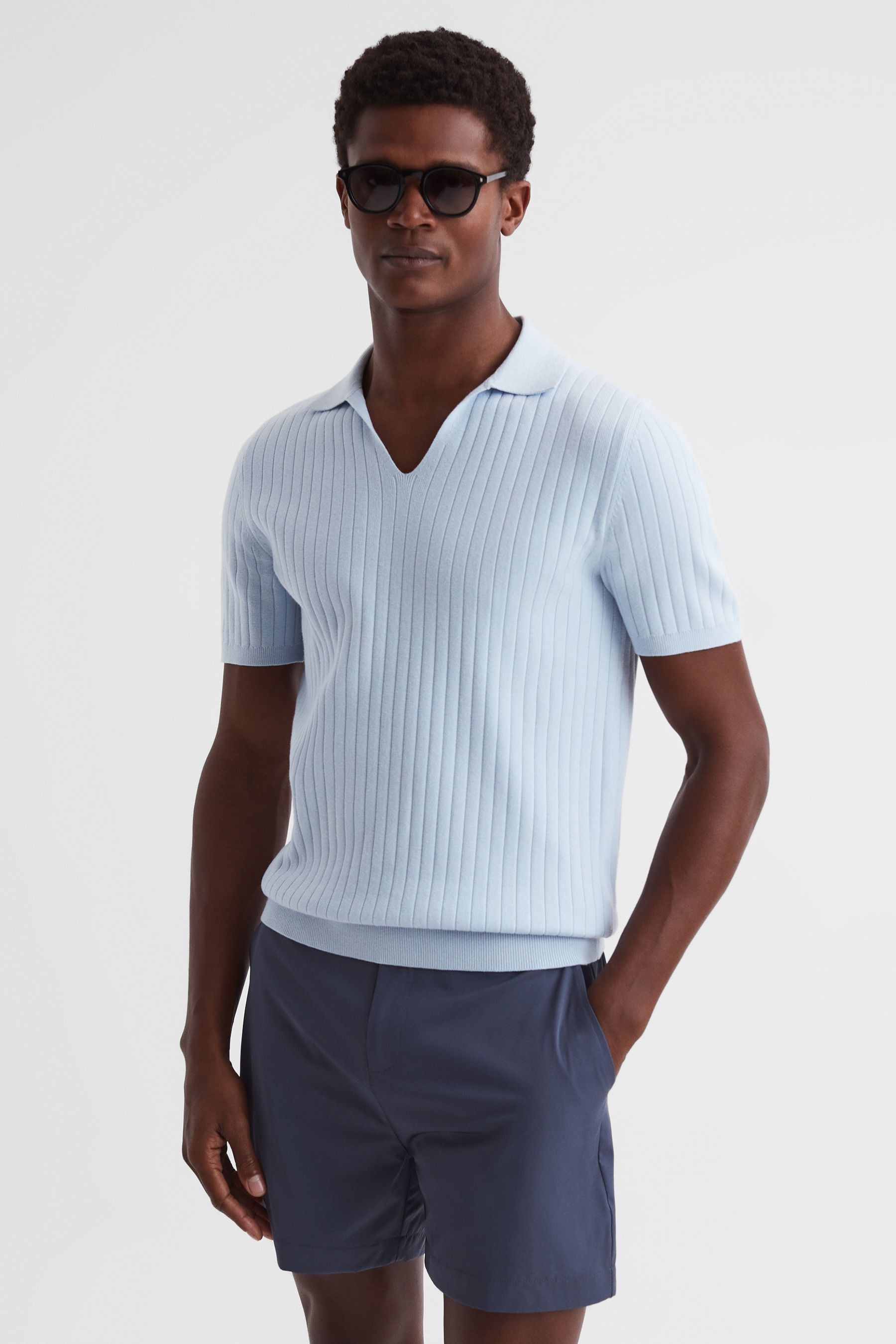 Reiss Felix Johnny Collar Short Sleeve Polo Sweater In Soft Blue