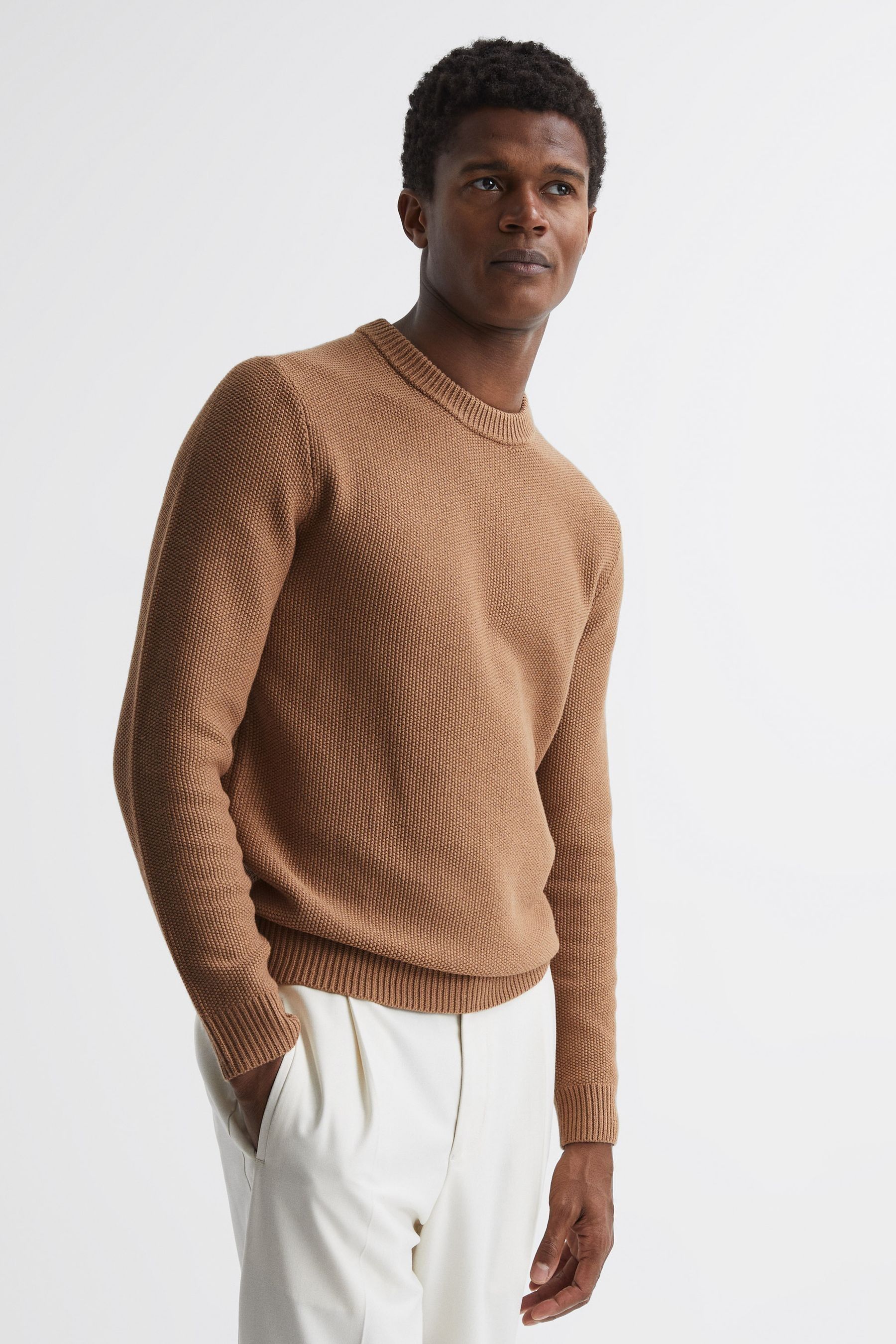Reiss Mens Camel Cole Ribbed Knitted Jumper