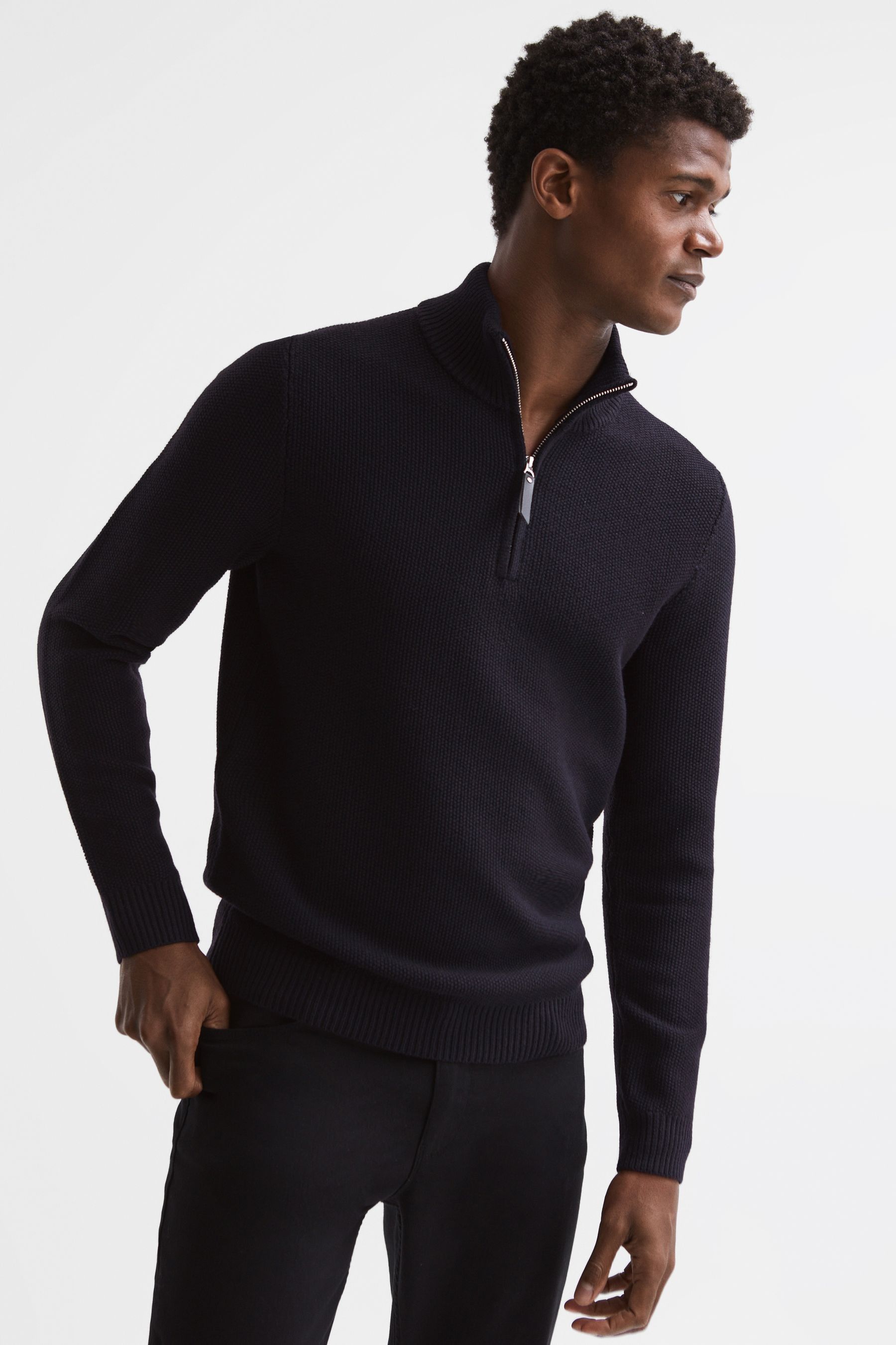 Reiss Ribbed Funnel Neck Half Zip Shirt In Navy