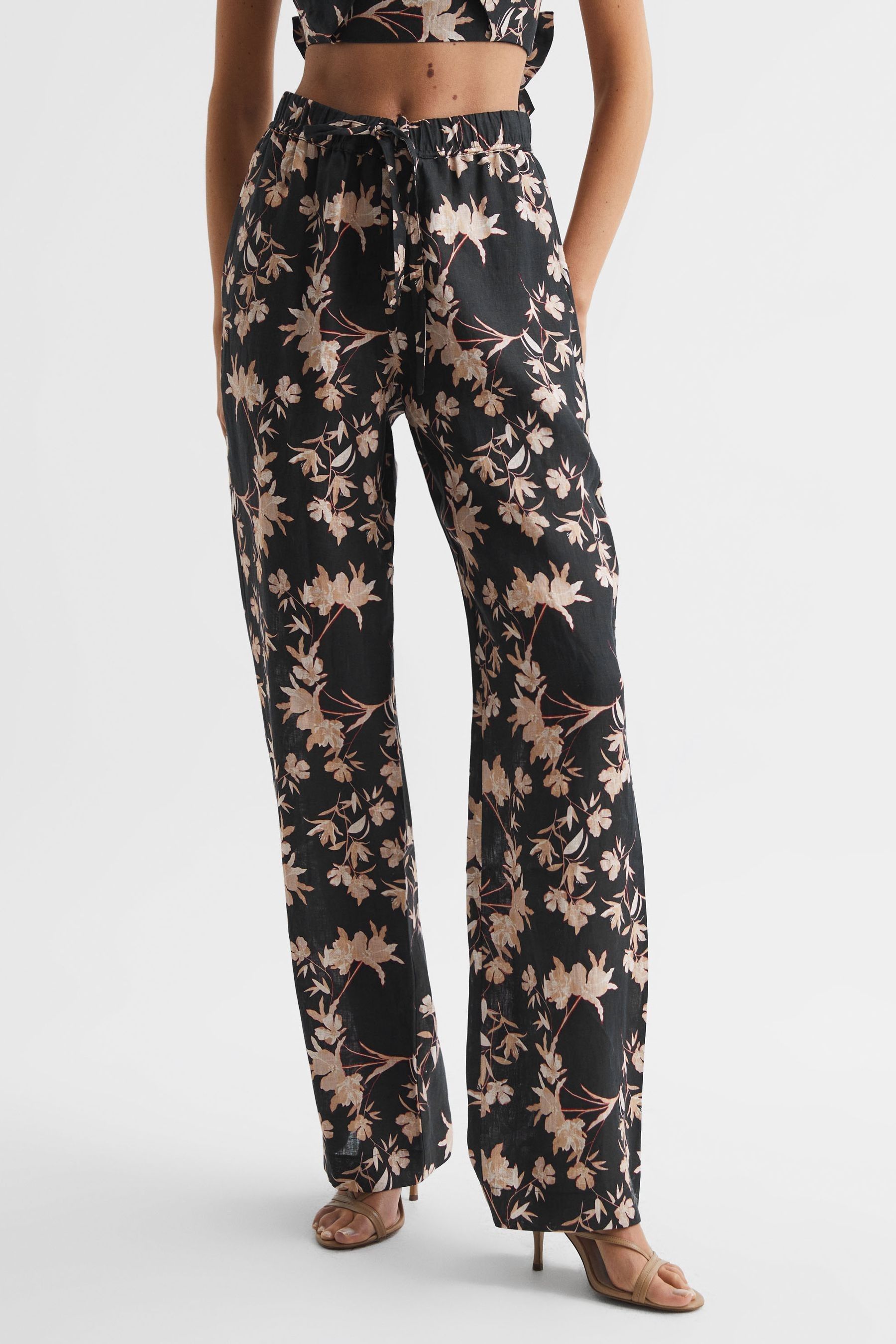 Reiss Leo Printed Linen Wide Leg Pants In Black