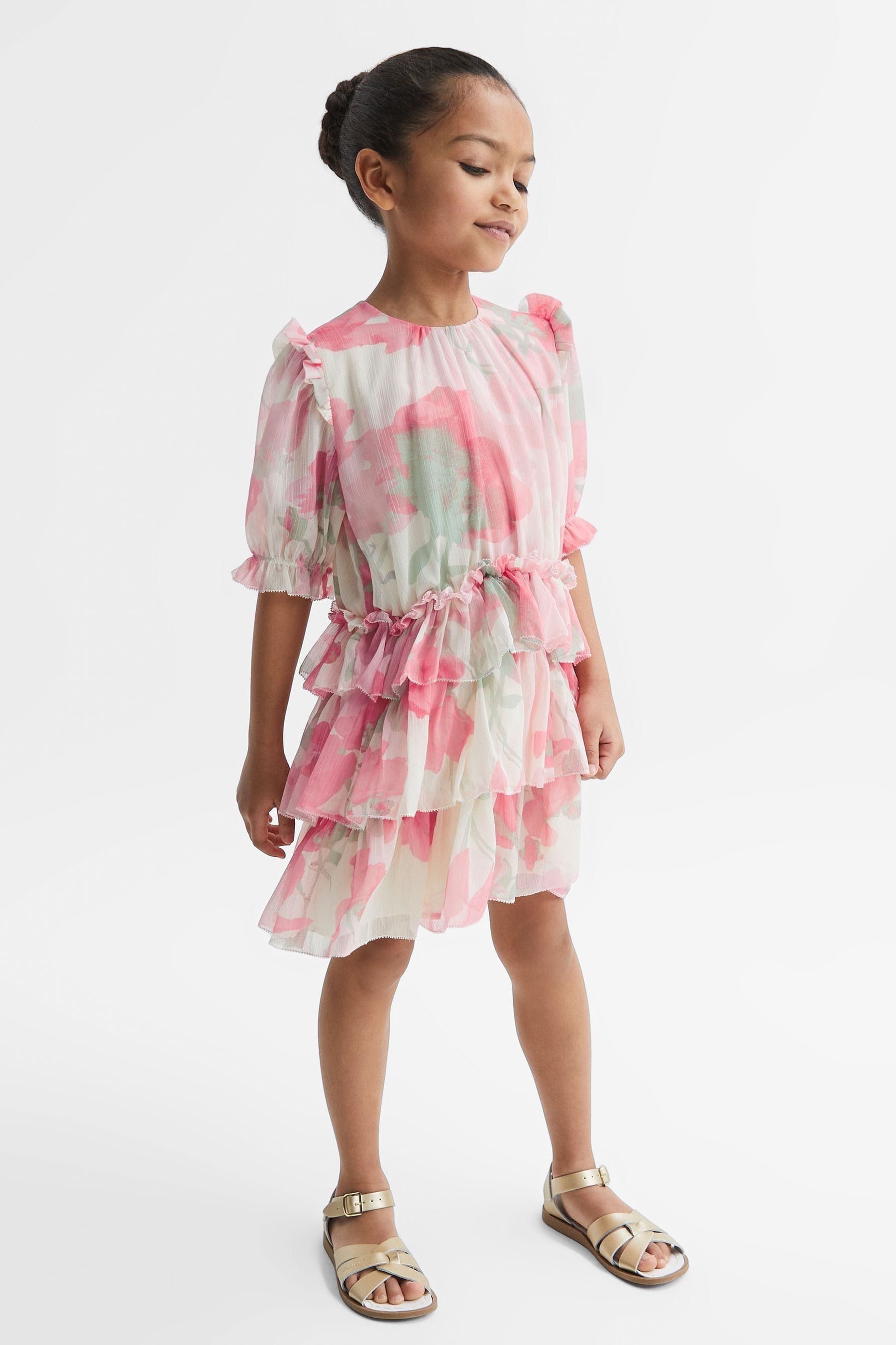Reiss Henrietta - Pink Print Junior Printed Tiered Dress, Age 8-9 Years