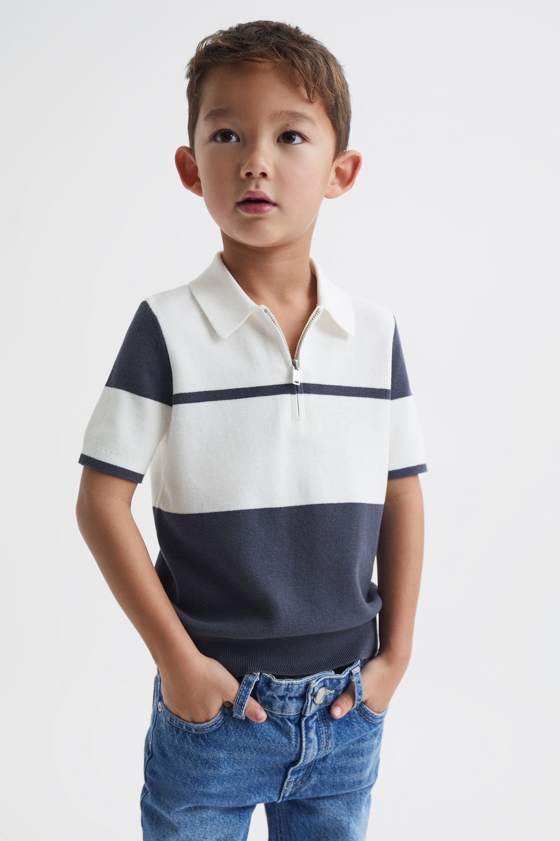 Reiss Kids' Rome - Airforce Blue Junior Slim Fit Half Zip Colourblock Polo Shirt, Age 4-5 Years
