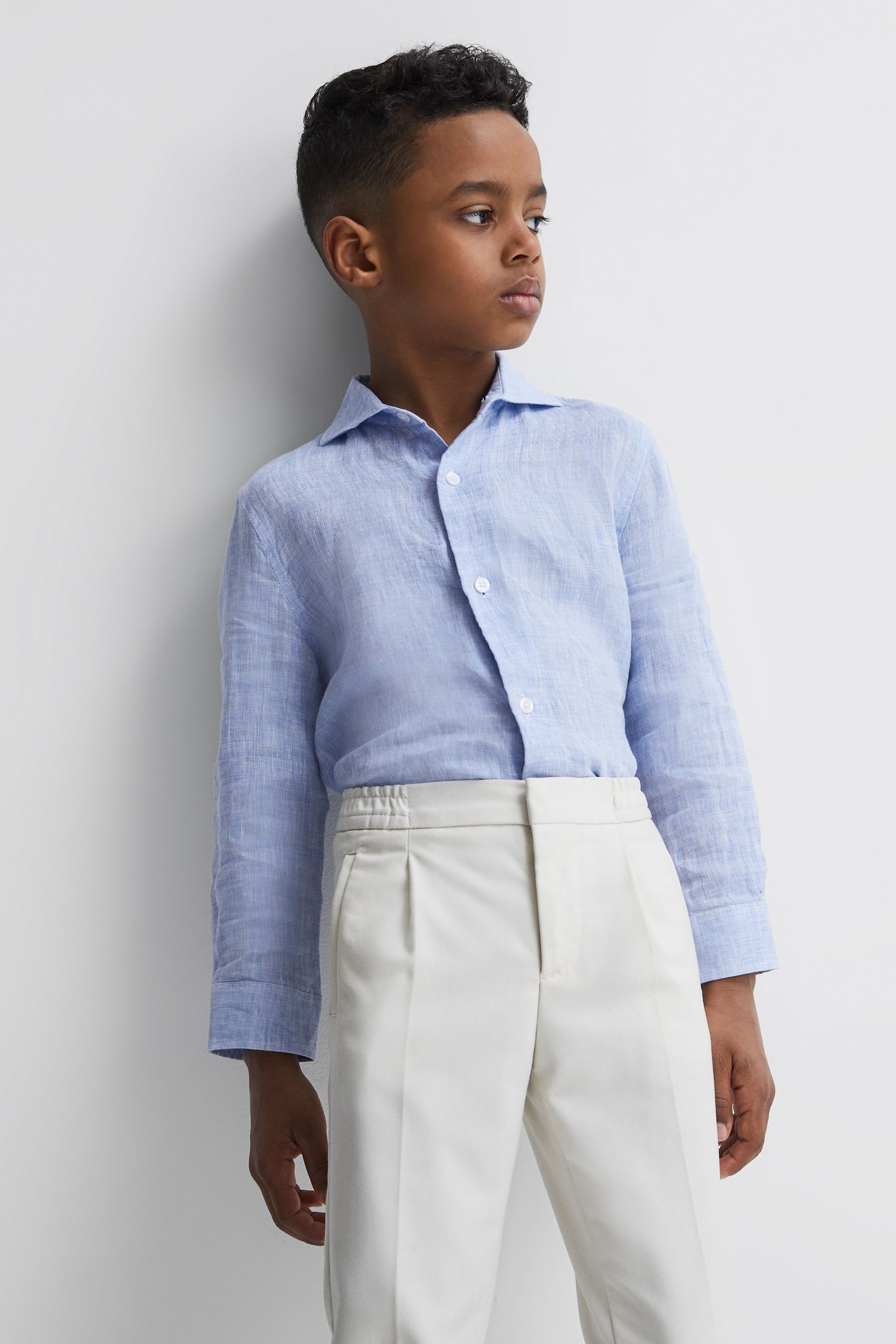 Reiss Ruban - Soft Blue Junior Linen Cutaway Collar Shirt, Age 4-5 Years