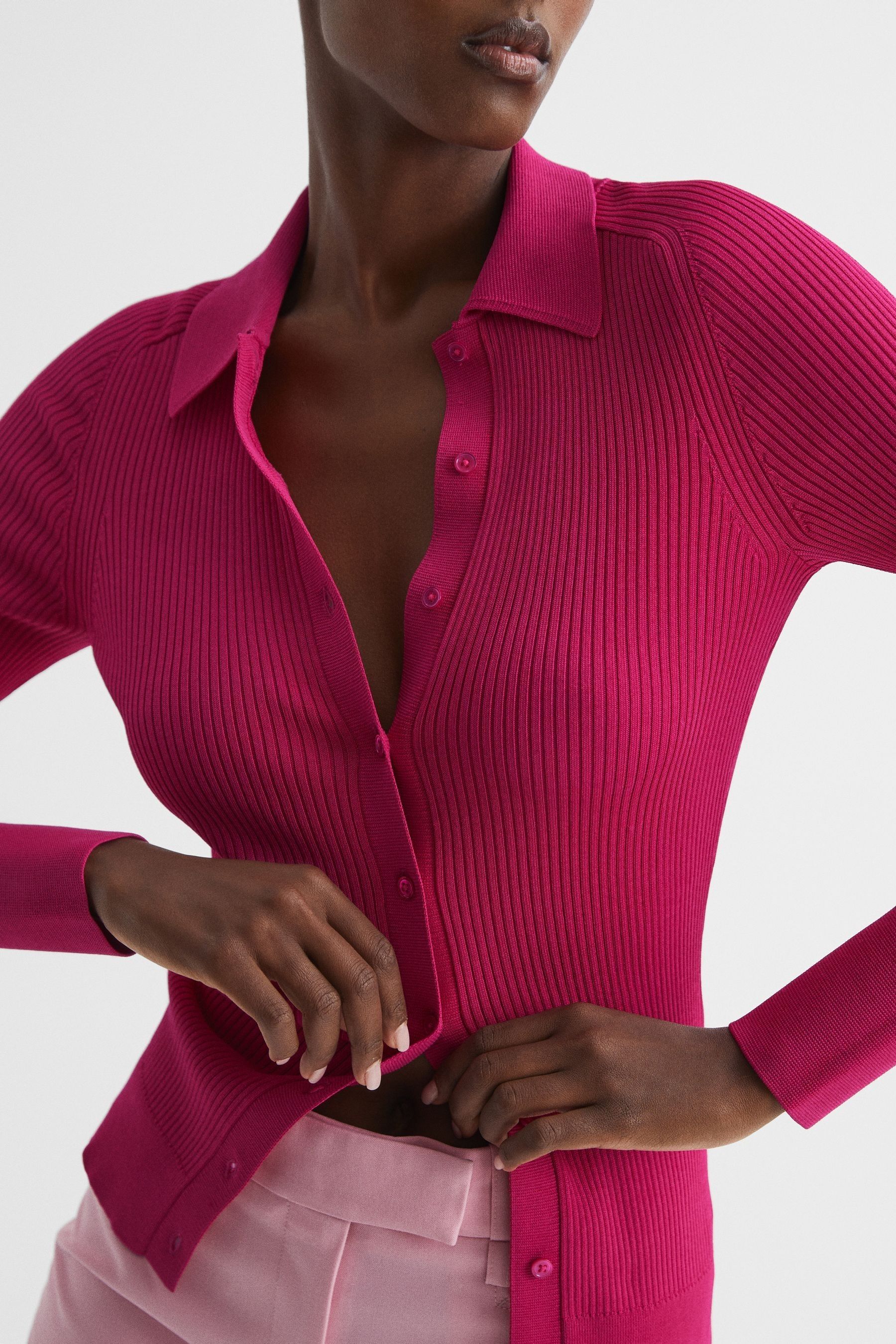 Reiss Sandy - Pink Ribbed Button Through Shirt, S