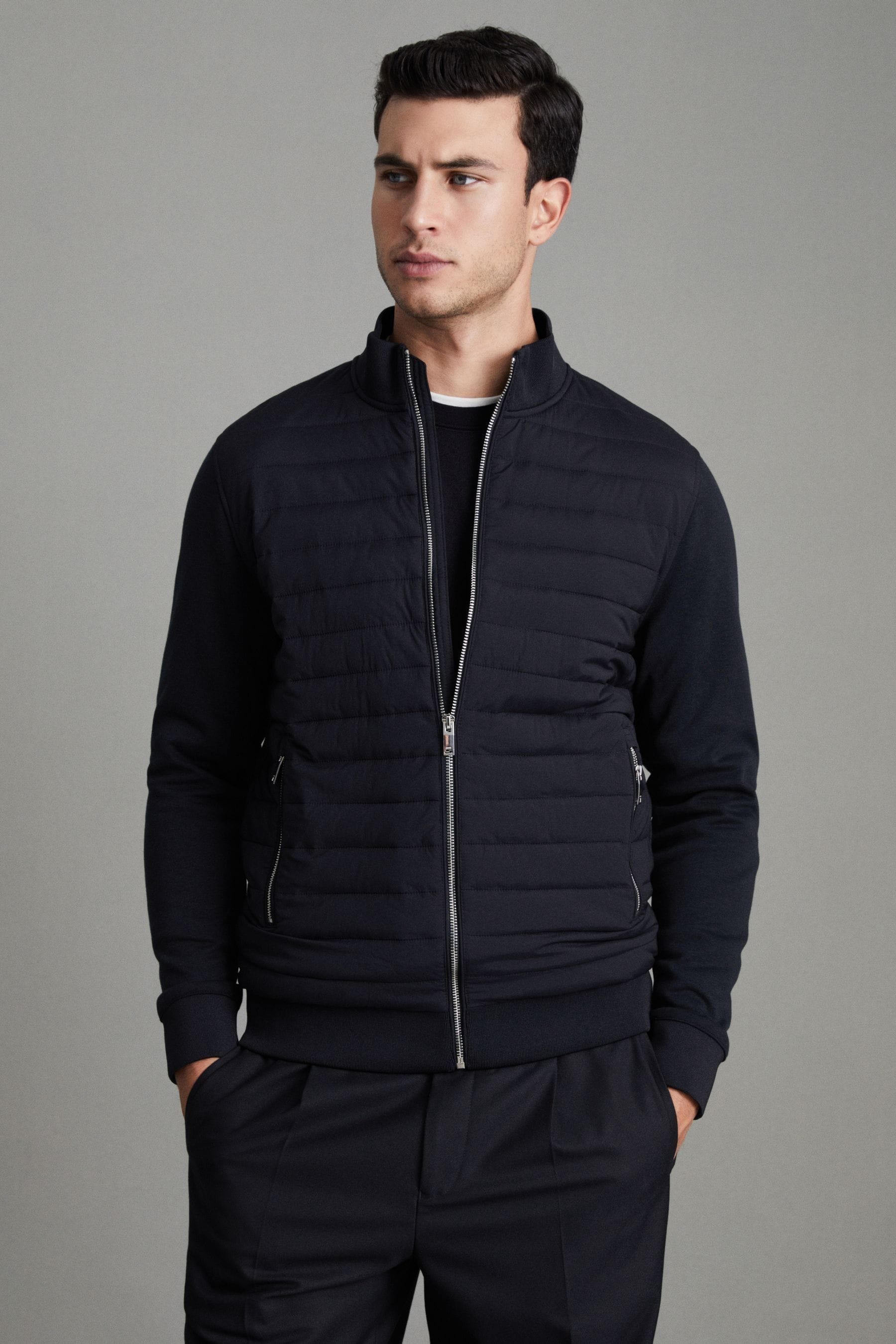Shop Reiss Flintoff - Navy Hybrid Quilt And Knit Zip-through Jacket, Uk 3x-large