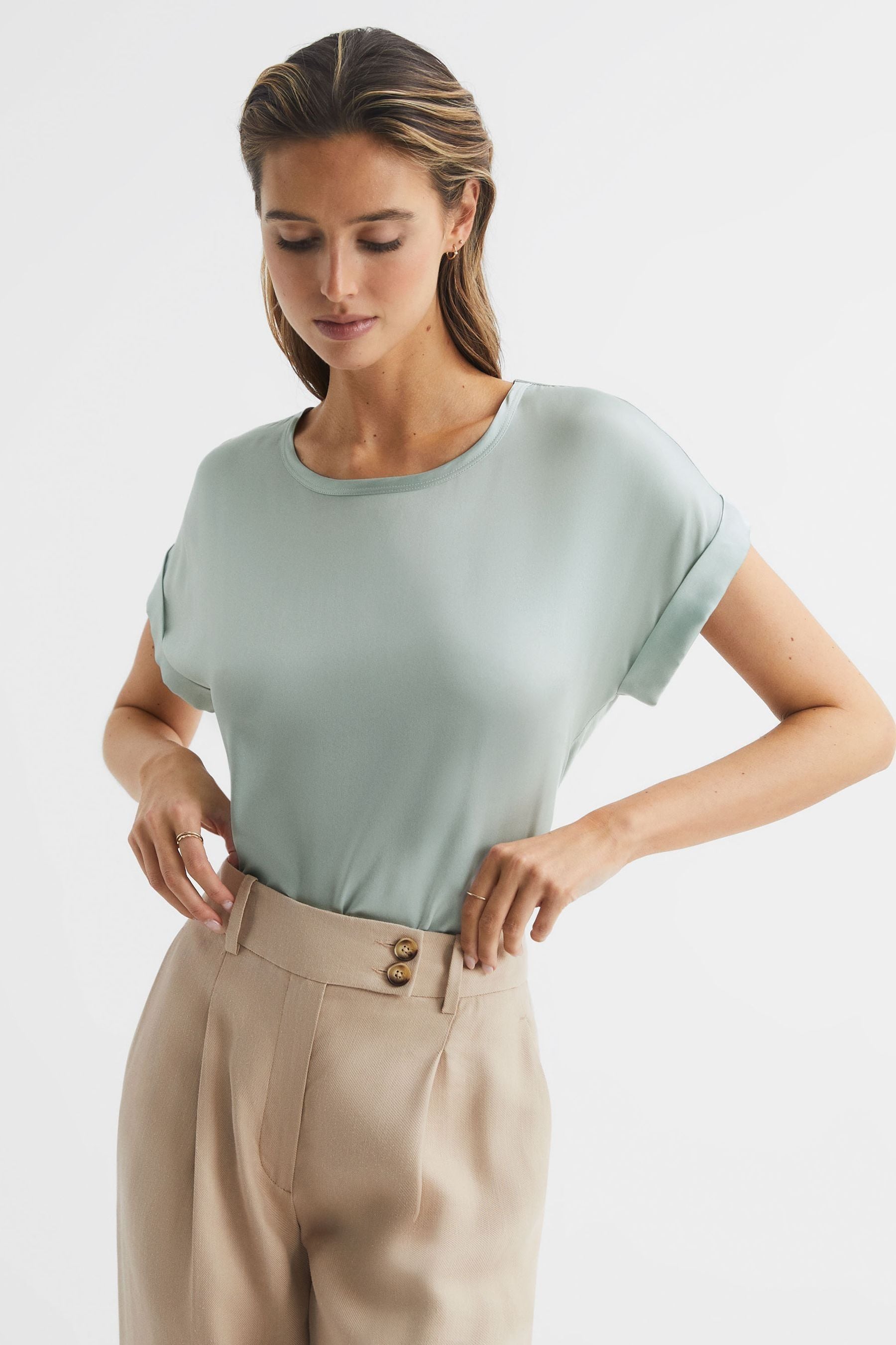 Reiss Womens Mint Helen Relaxed-fit Stretch-silk T-shirt