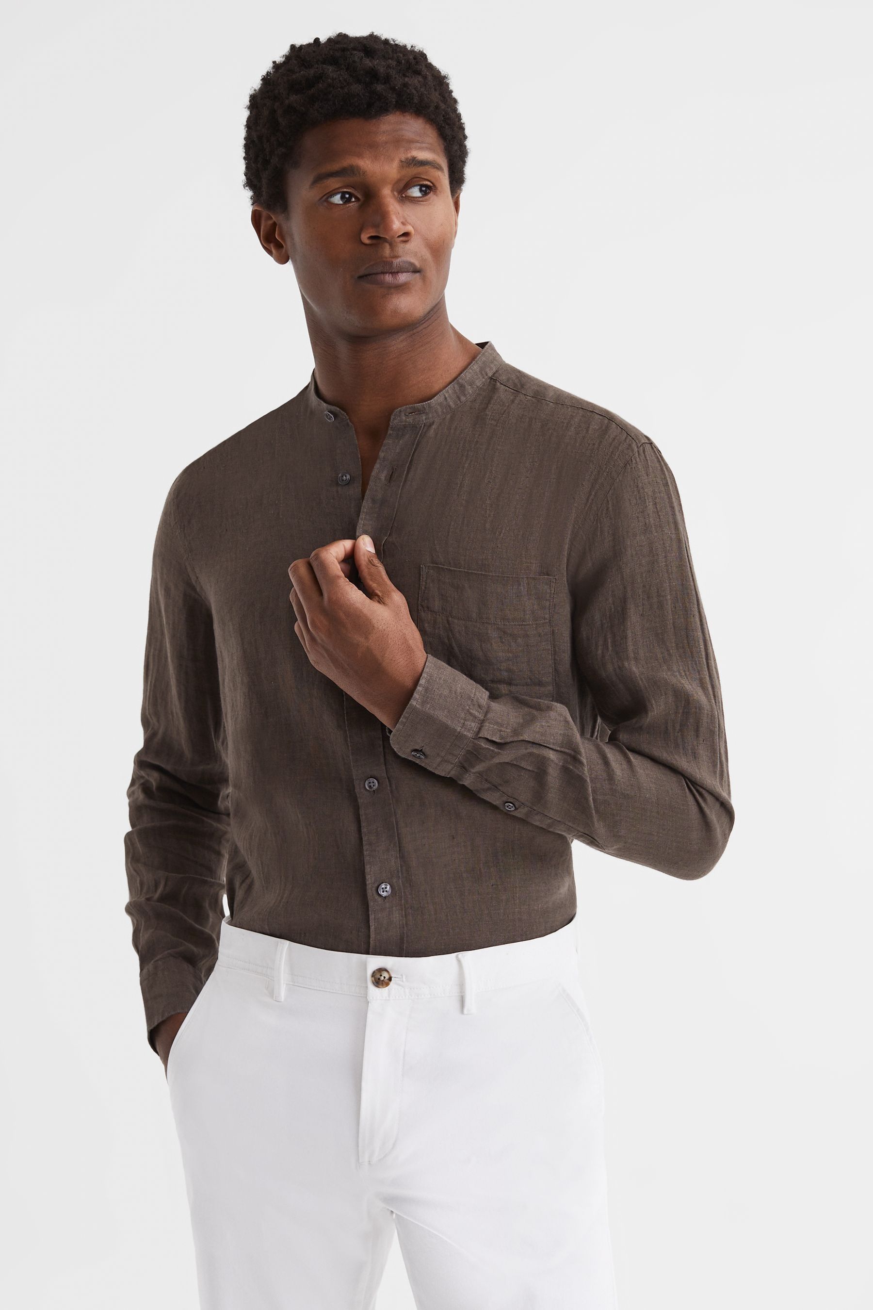 Ocean - Chocolate Linen Grandad Collar Shirt