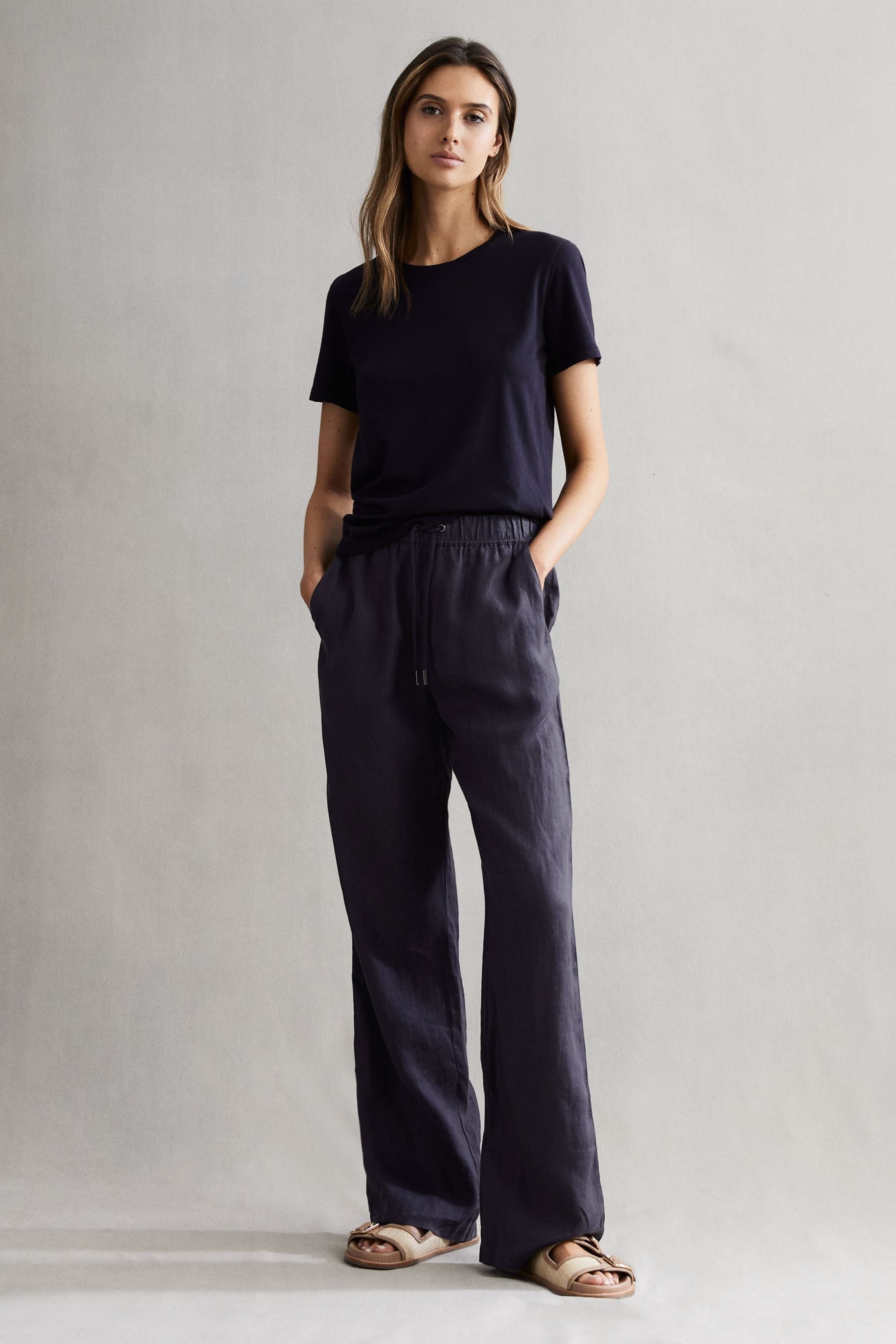 Reiss Cleo Garment Dyed Wide Leg Linen Pants In Navy