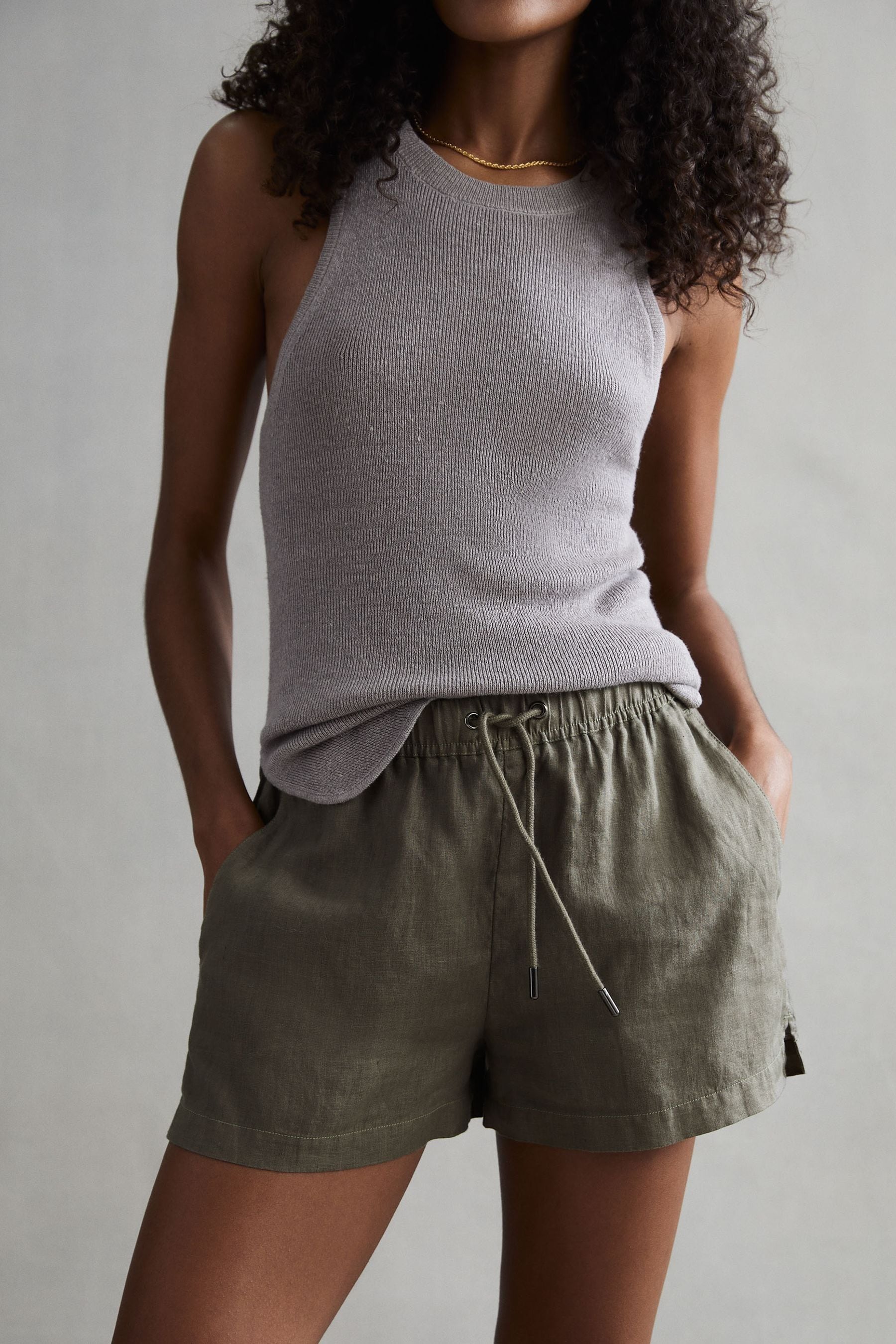 Reiss Cleo Garment Dyed Linen Shorts In Khaki