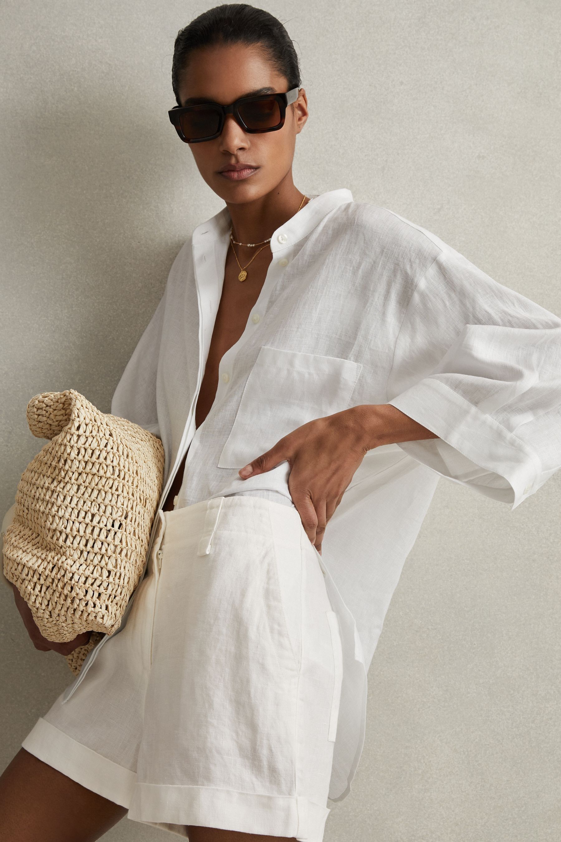 Reiss White Linen Garment Dyed Shorts, 12- Resort & Holiday Wear