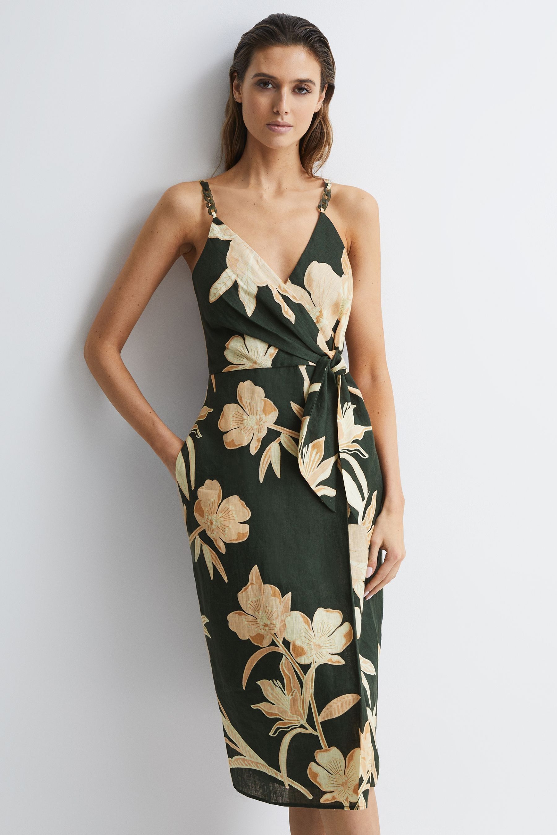 Shop Reiss Khaki Fitted Floral Print Midi Dress