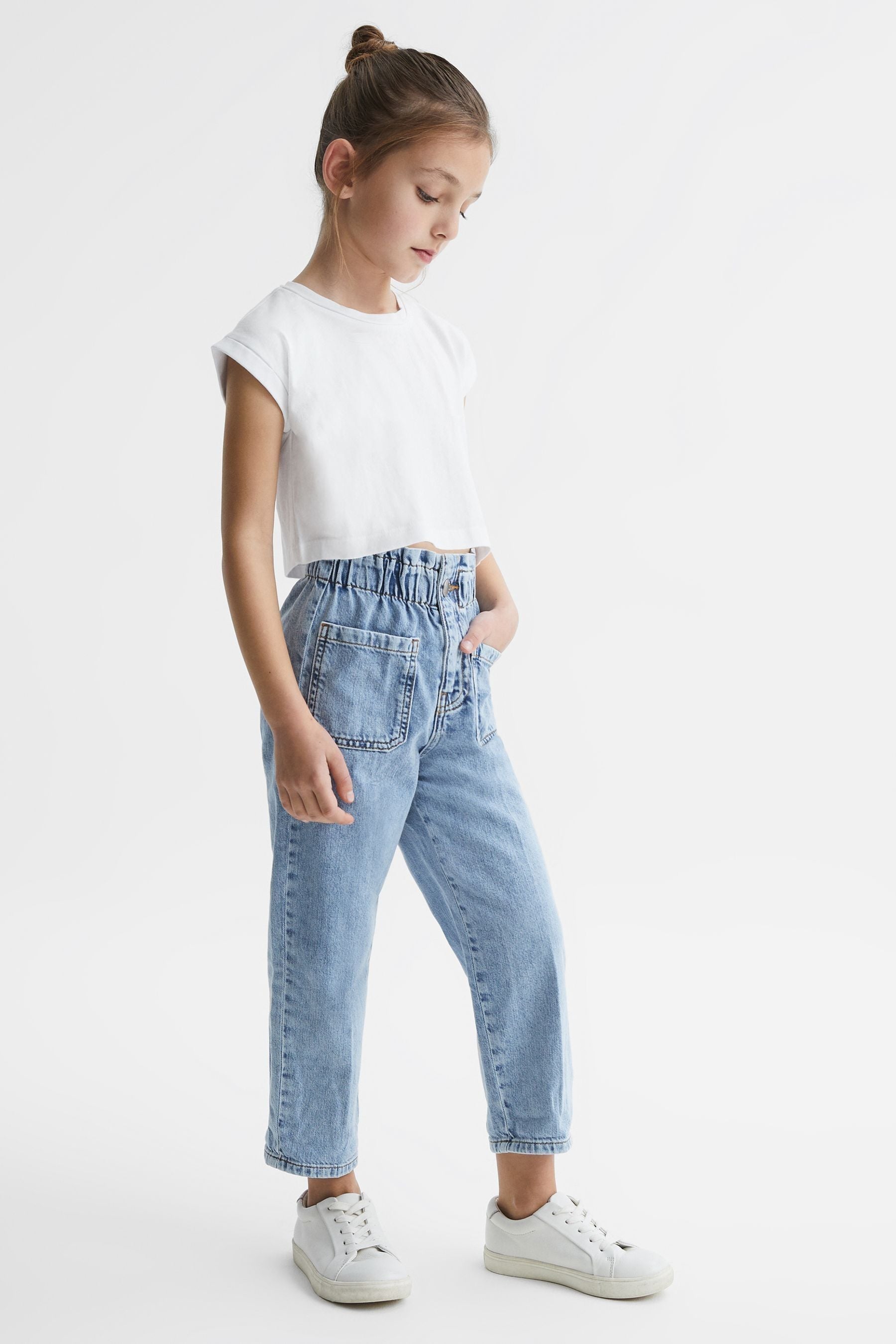 Reiss Terry Crew Neck Cropped T-shirt - White Cotton, Size: 10