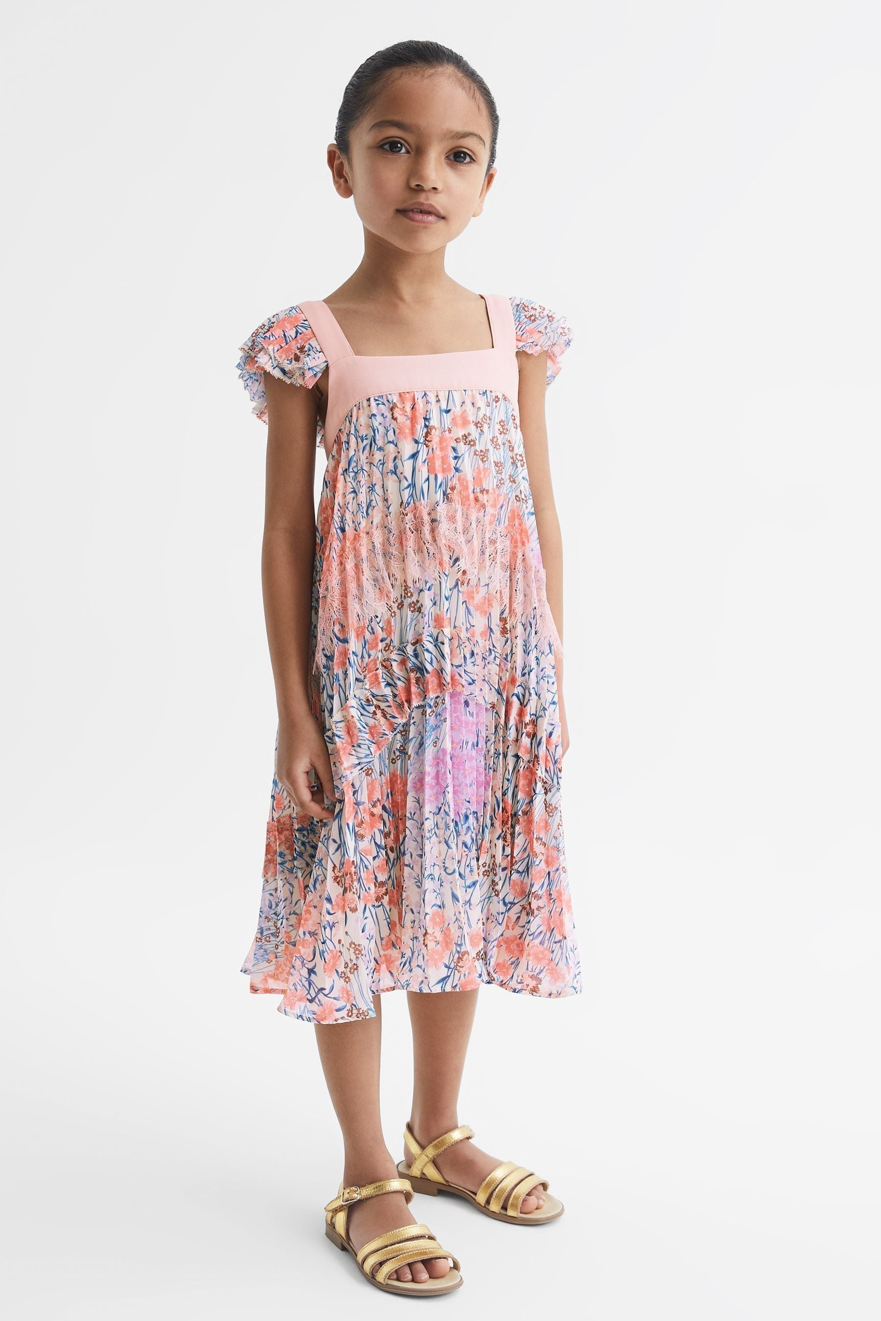 Reiss Kids' Aster - Pink Print Aster Senior Floral Printed Pleated Dress, Uk 11-12 Yrs