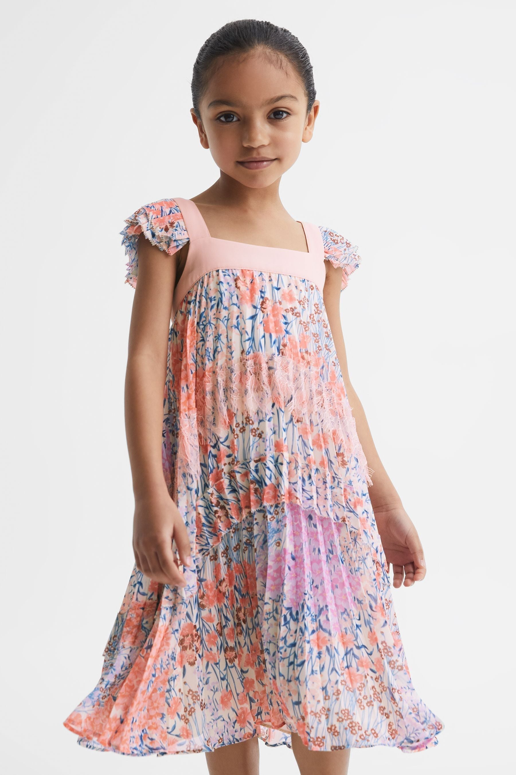 Reiss Kids' Aster - Pink Print Aster Junior Floral Printed Pleated Dress, Age 6-7 Years