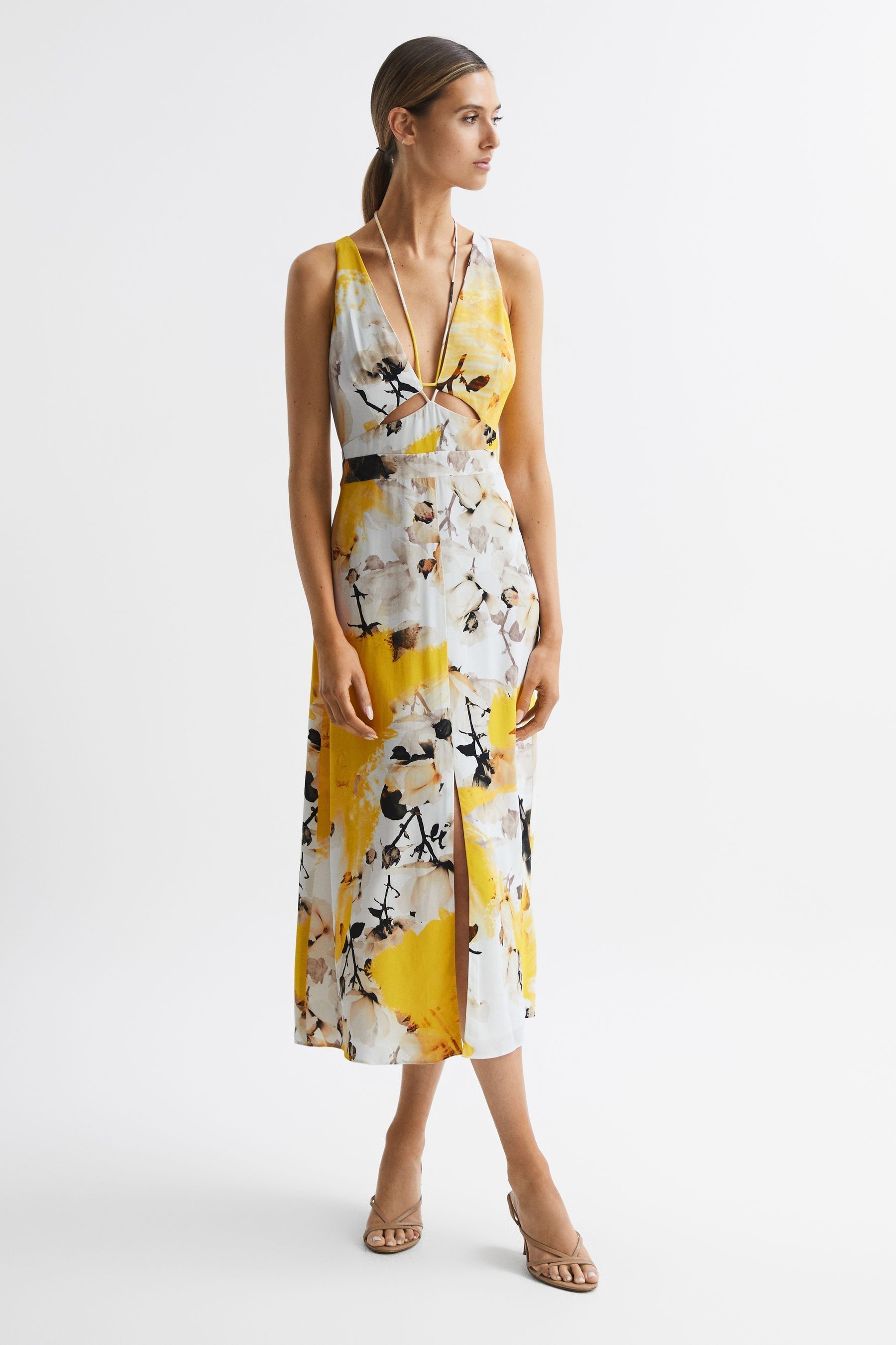 Reiss Womens Yellow Kasia Floral-print Woven Midi Dress