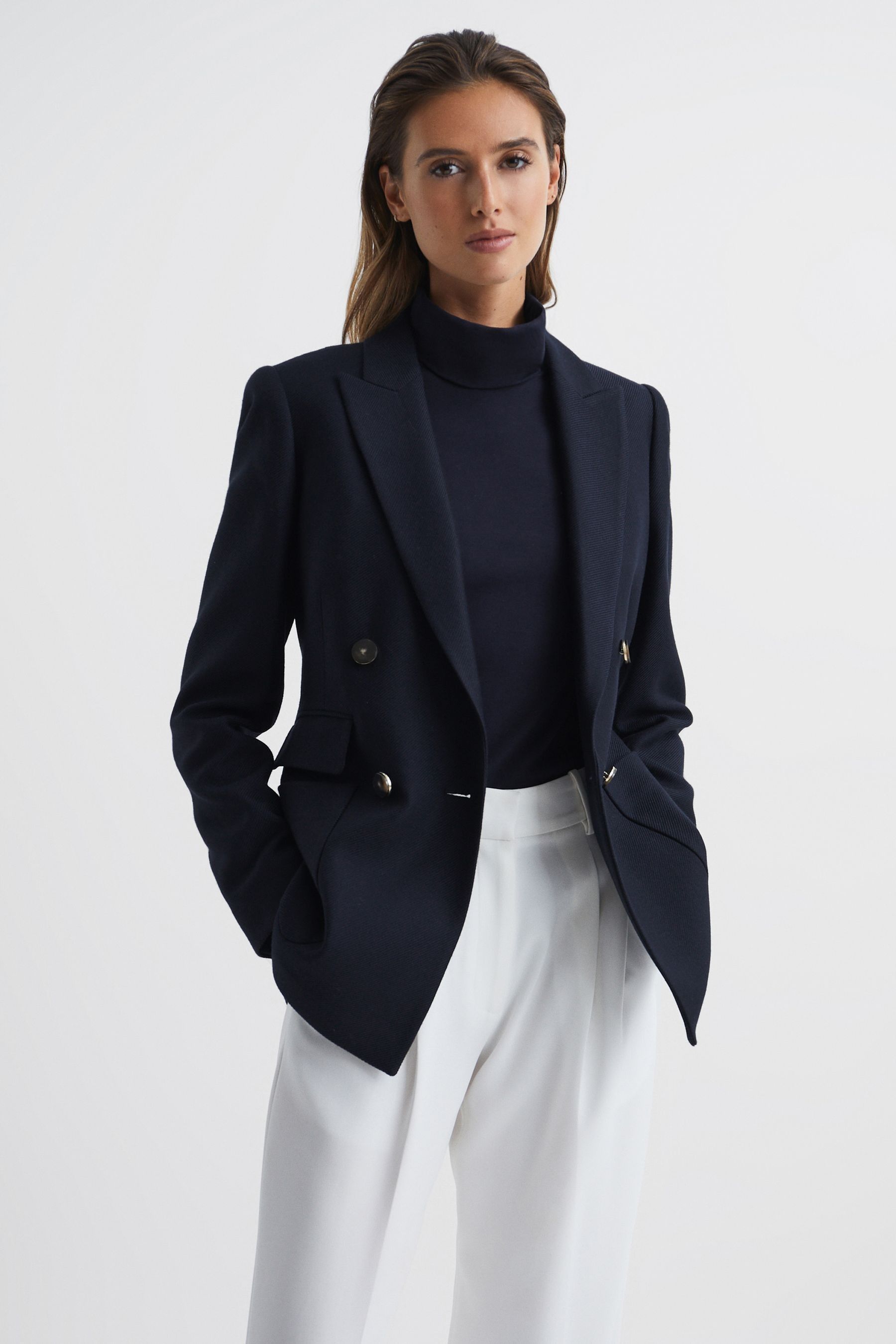 REISS LARSSON - NAVY DOUBLE BREASTED TWILL BLAZER, US 4