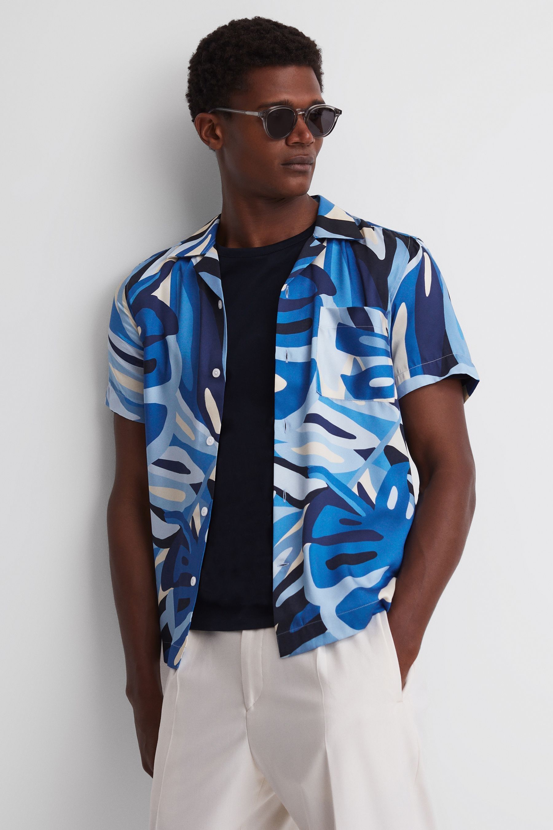 Khalid - Blue Slim Fit Cuban Collar Printed Shirt