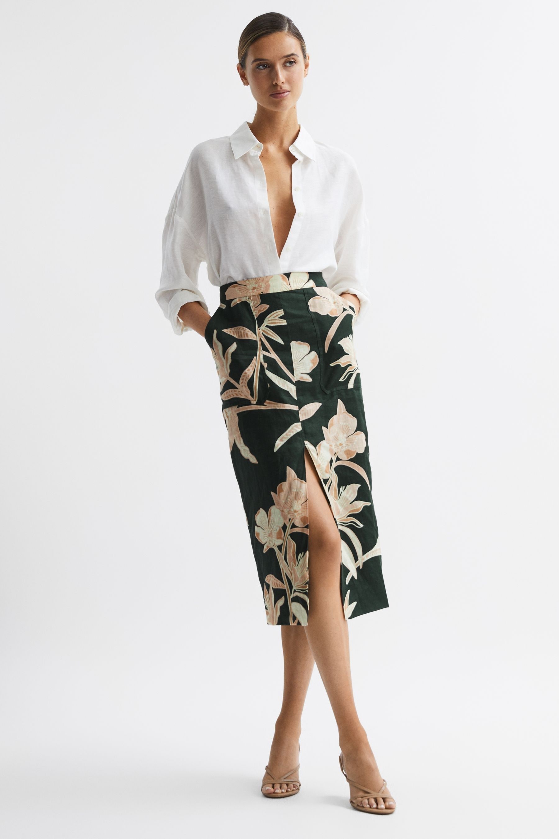 Shop Reiss Jackson - Khaki Floral Print High Rise Midi Skirt, Us 10