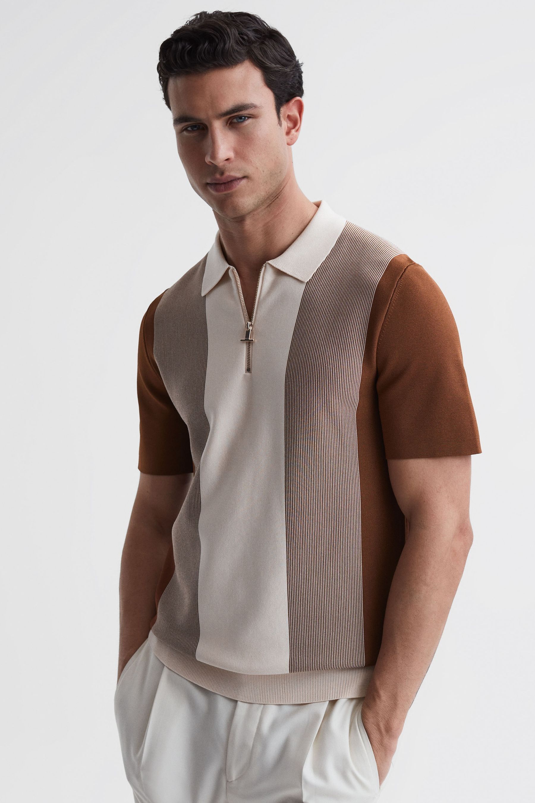 Milton - Tobacco/Cream Half-Zip Striped Polo T-Shirt