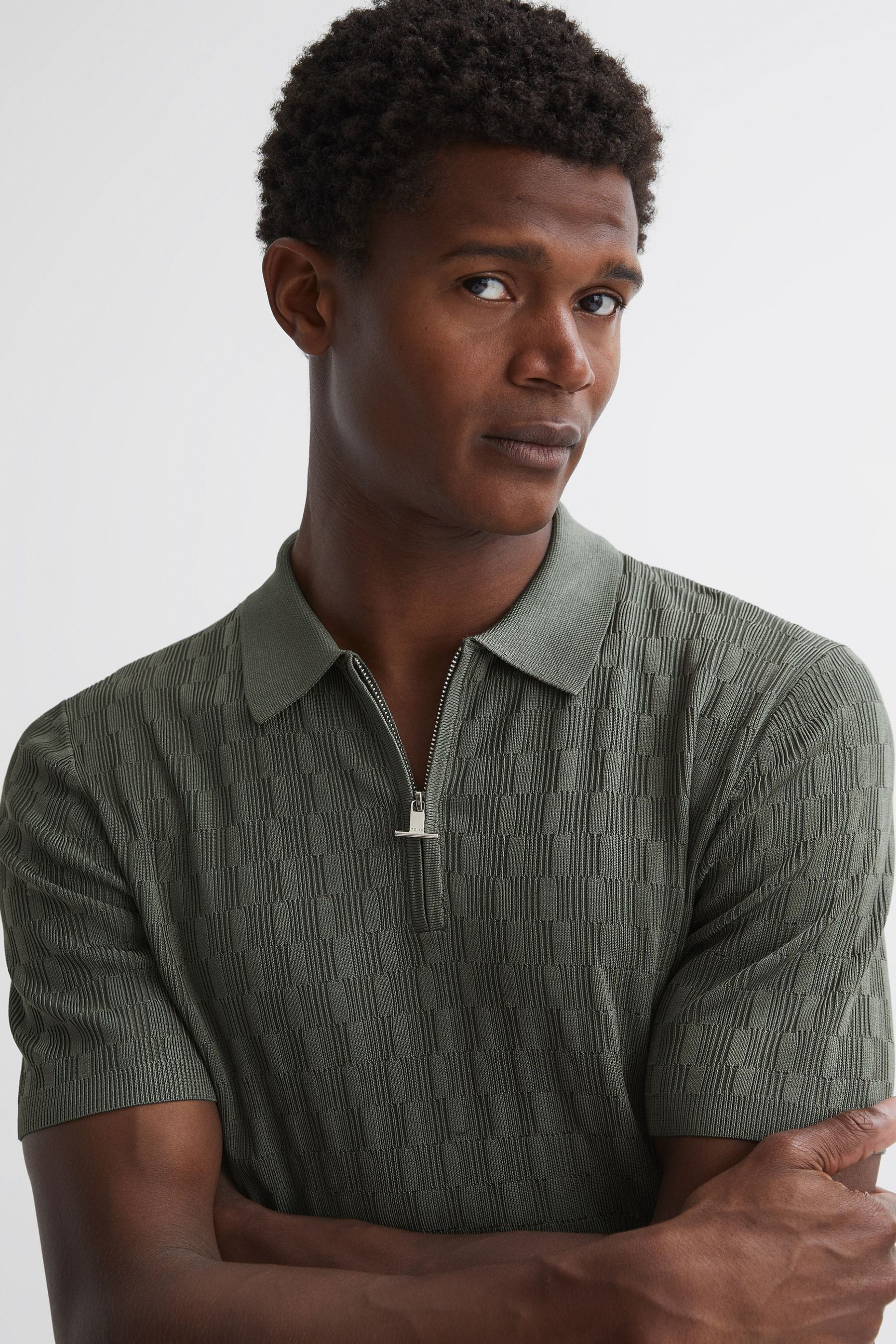 Reiss Sage Green Half-Zip Textured Polo T-Shirt, M