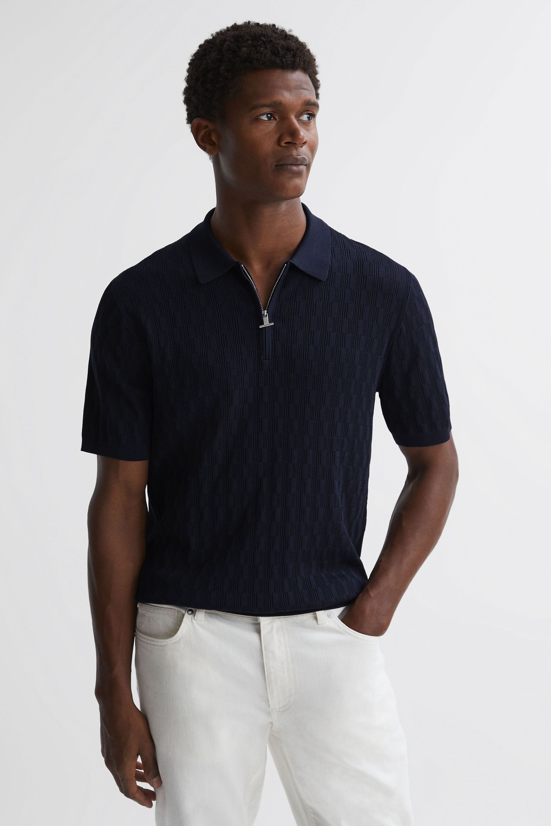 Ubud - Navy Half-Zip Textured Polo T-Shirt