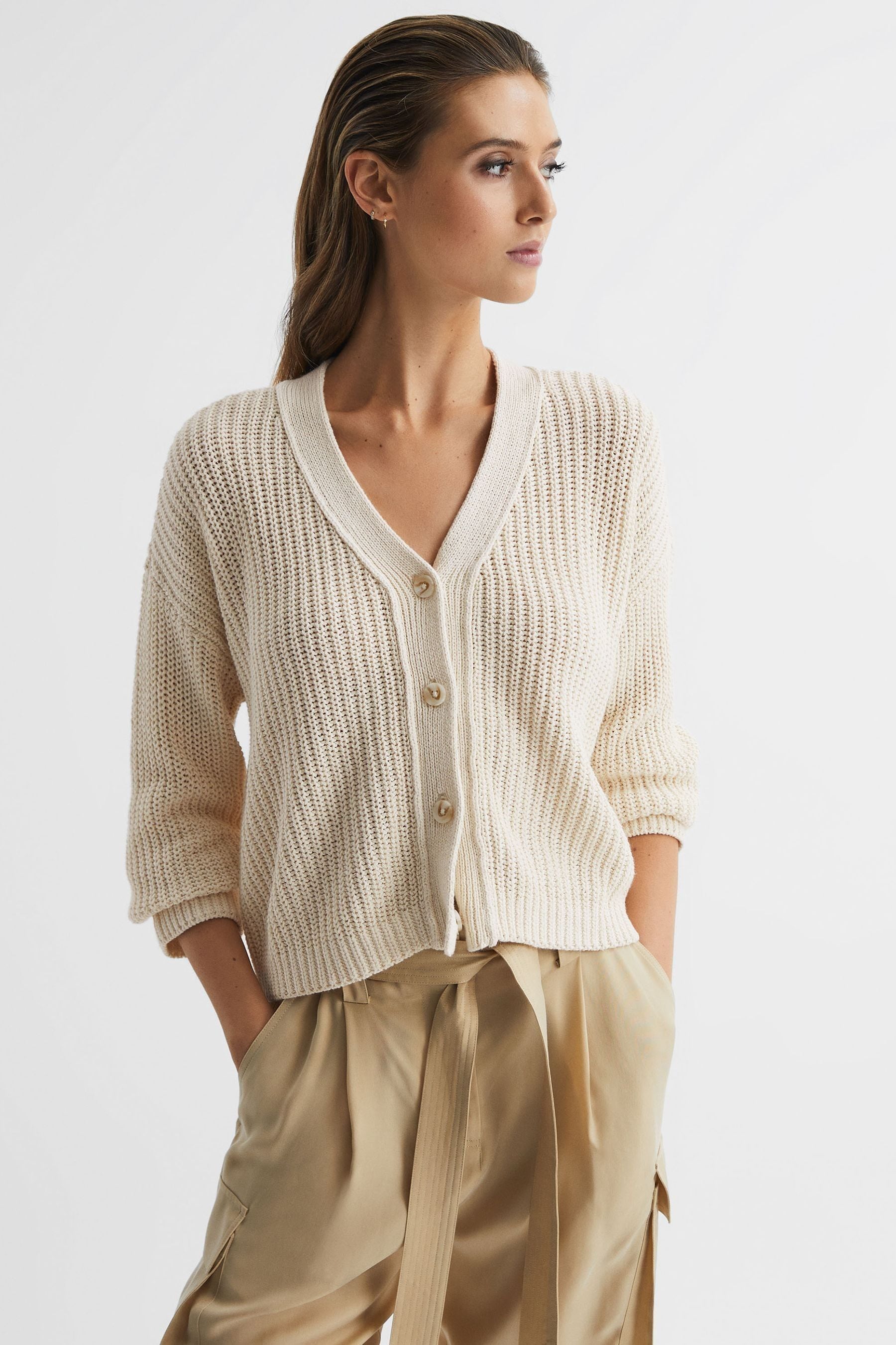 Shop Reiss Adeena - Neutral Cotton-linen Blend Knit Cardigan, L