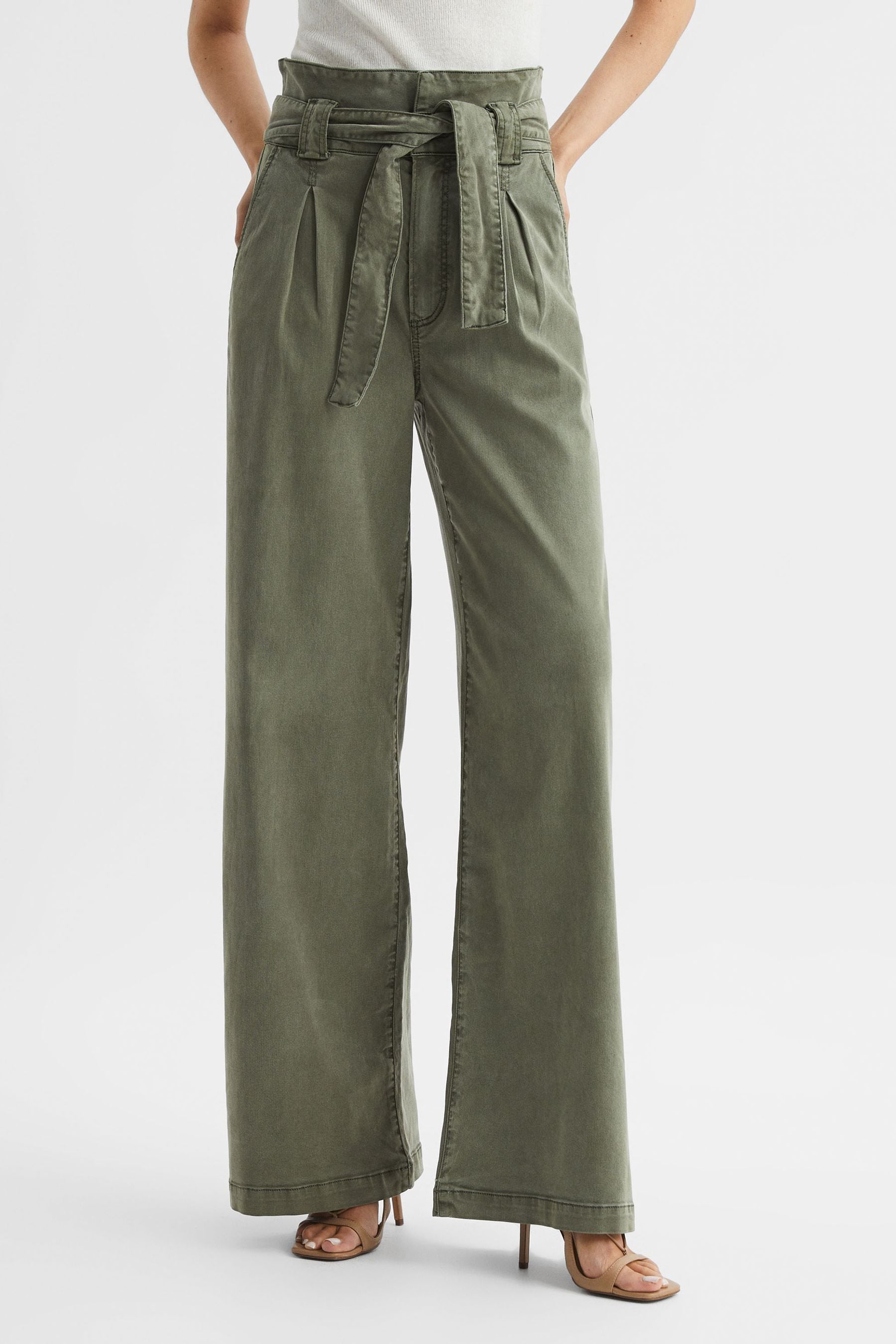 Shop Paige High Rise Paper Bag Trousers In Vintage Ivy Green
