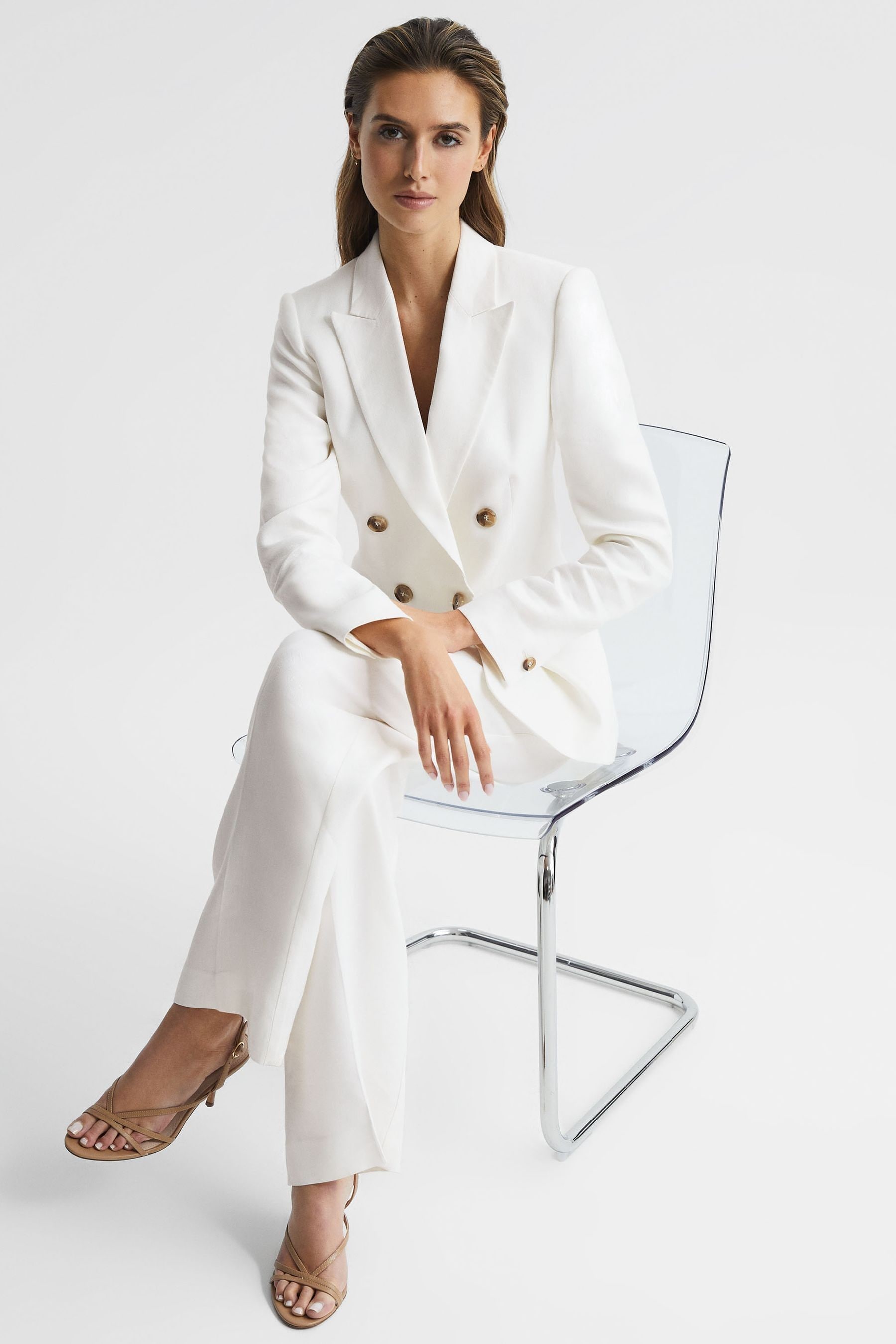 Reiss Womens White Hollie Double-breasted Linen-blend Blazer Jacket