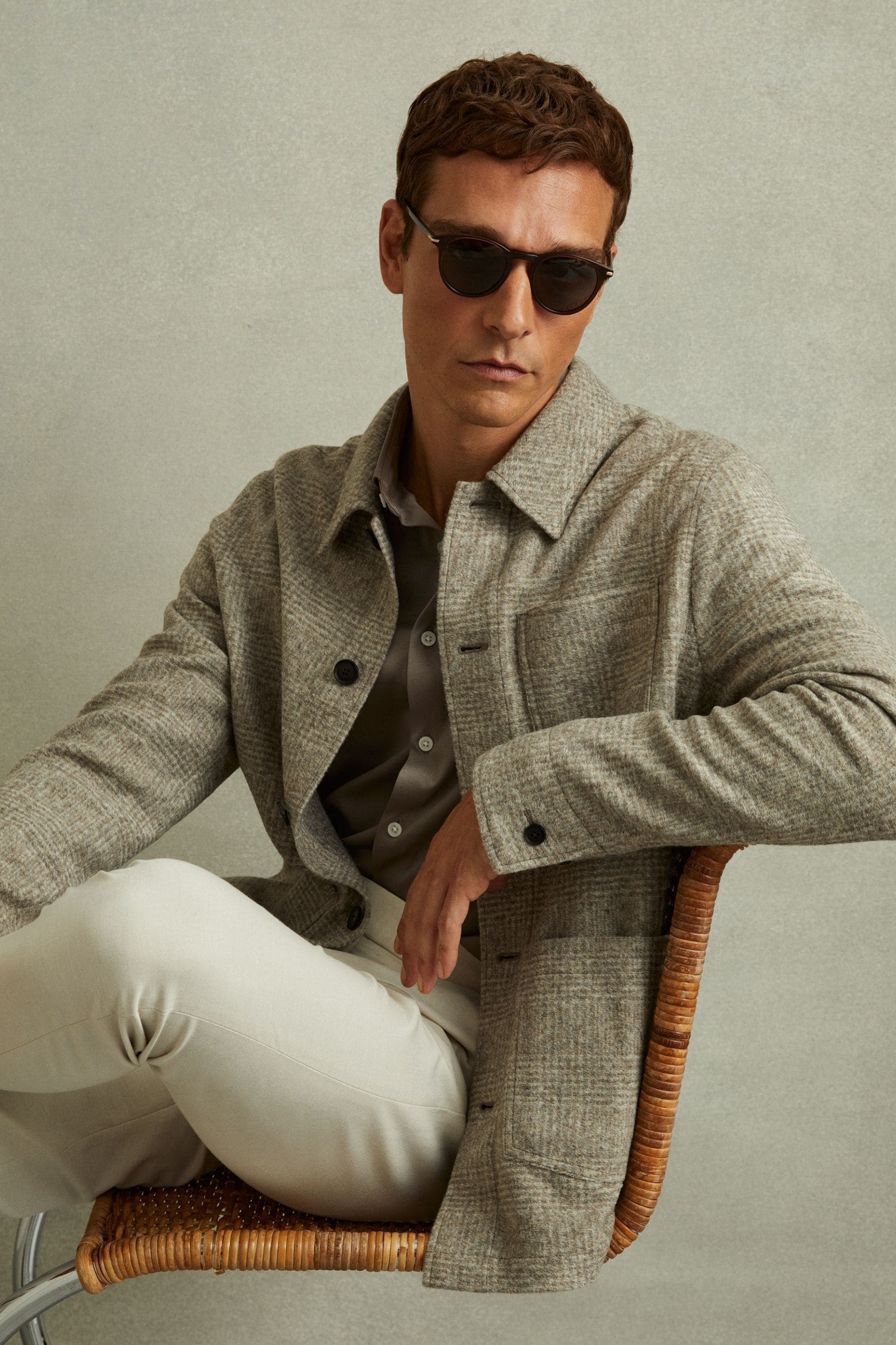 Reiss Marble Oatmeal Check Checked Brushed Workwear Jacket, XL, Light Grey