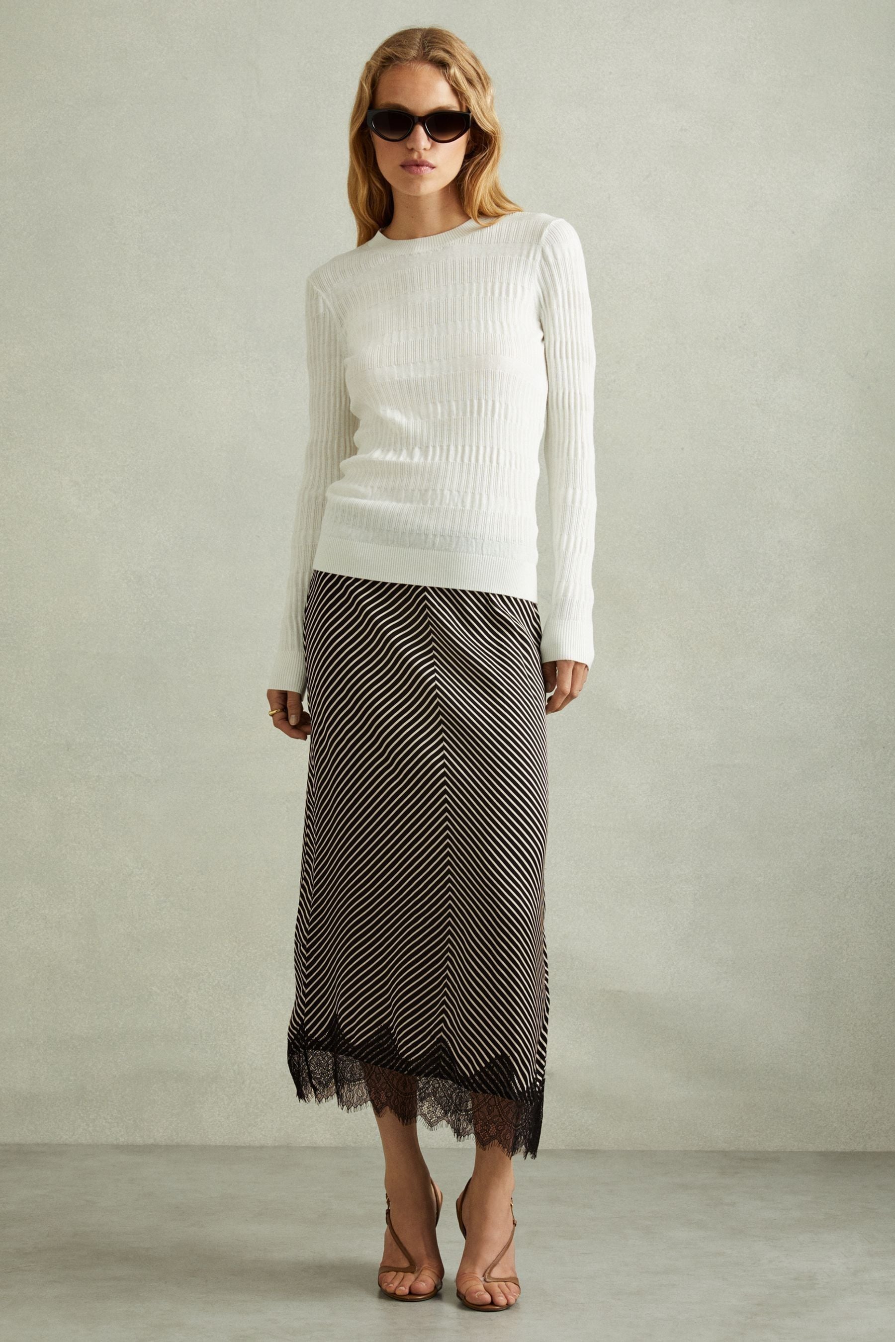 Reiss Ivy Striped Lace Trim Midi Skirt, 10, Black & cream