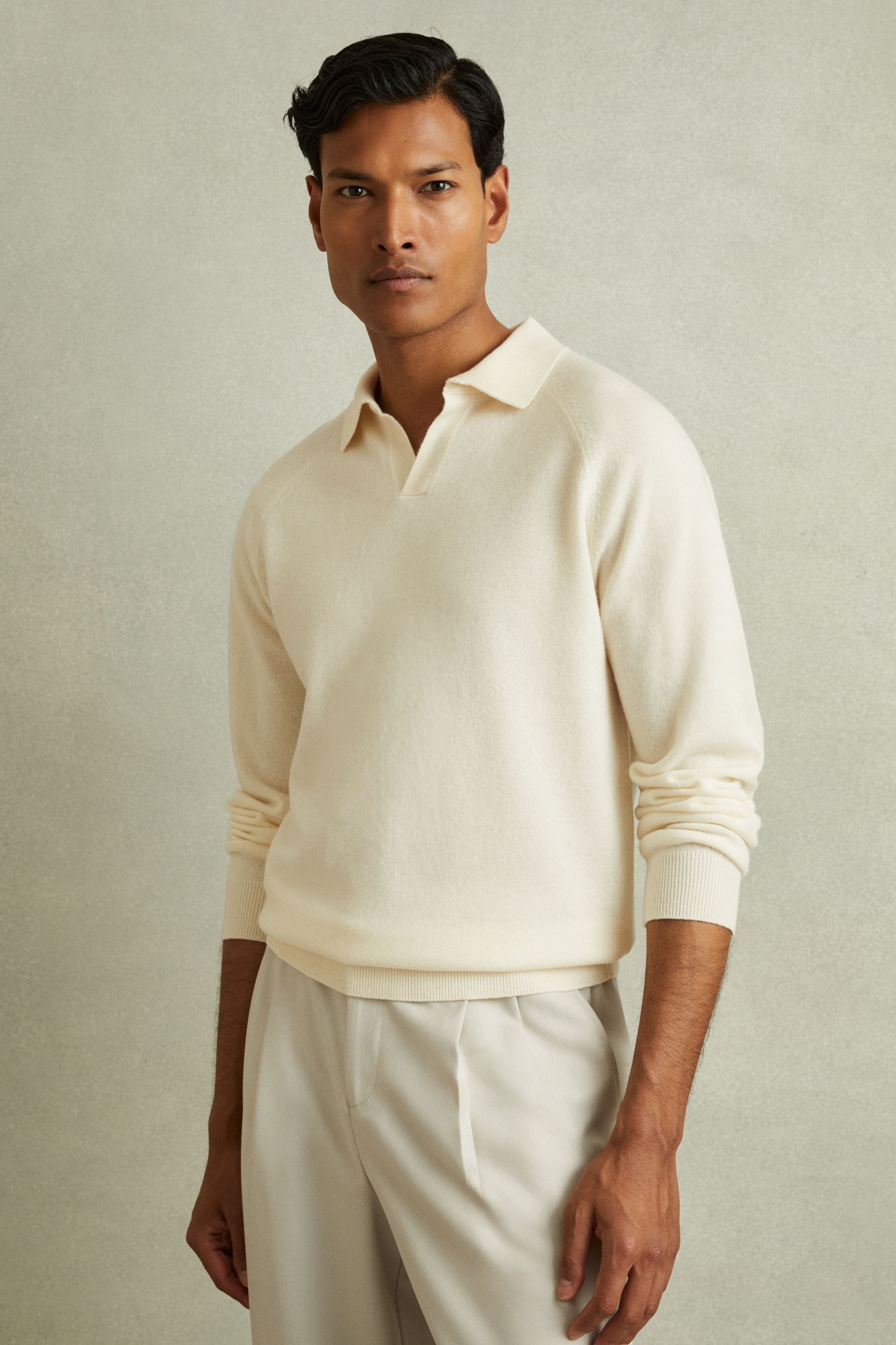 Reiss Grange - Wool-Cashmere Open-Collar Polo Shirt, Xxl, Navy/Camel