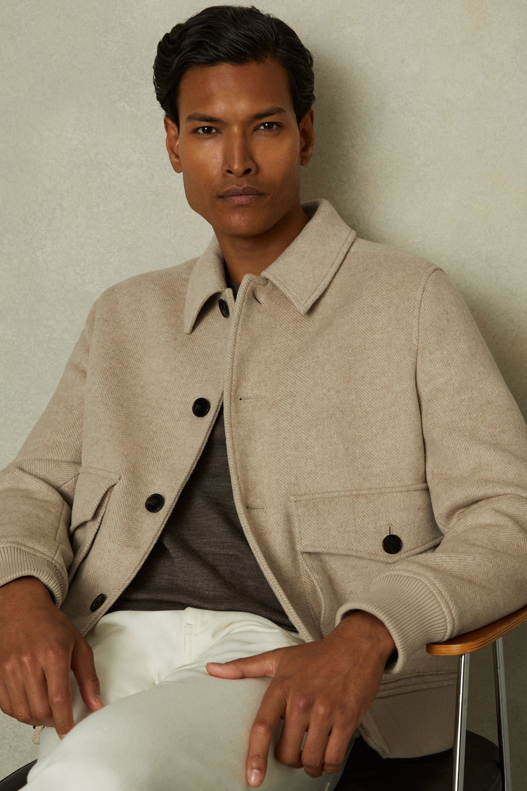 Reiss Oatmeal Herringbone Wool Blend Jacket, XS