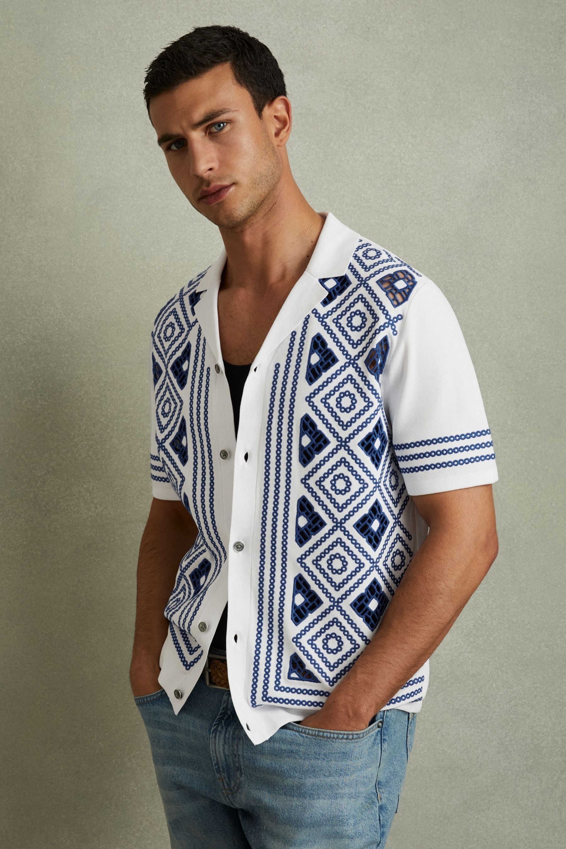 Shop Reiss White/bright Blue Contrast Embroidered Cuban Collar Shirt