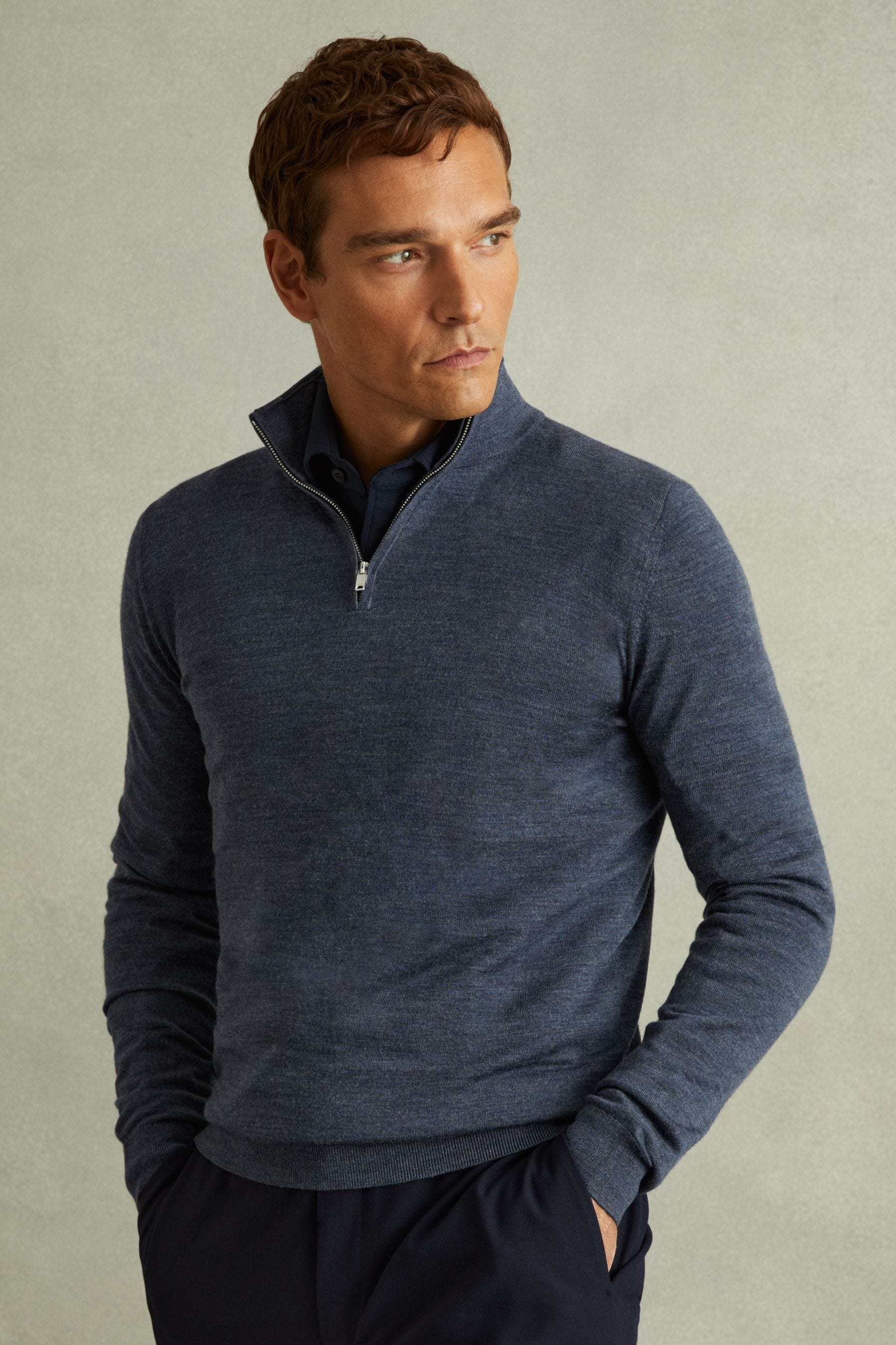 Reiss Blackhall Dark Airforce Blue Melange Merino Wool Half-zip Funnel Neck Jumper, L