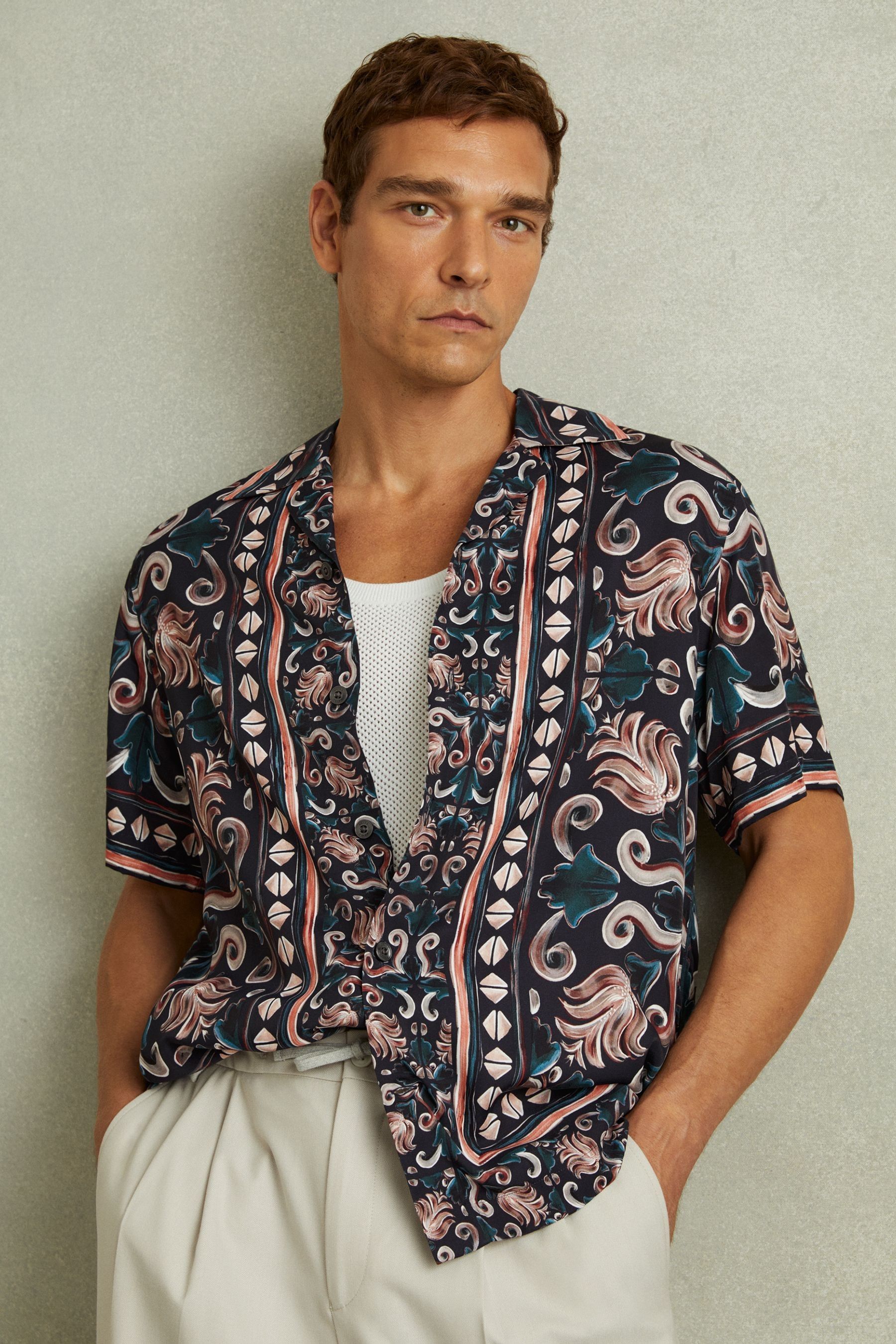 Reiss Multi Finn Relaxed Printed Cuban Collar Shirt In Multi