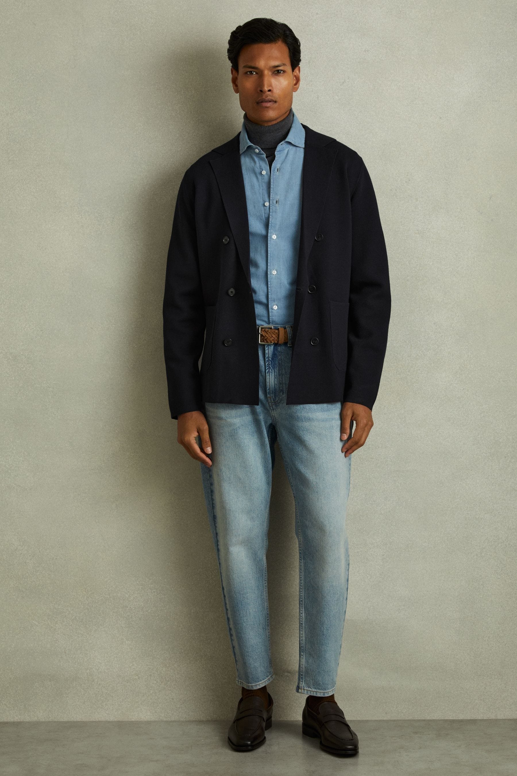 Reiss Navy Knitted Double Breasted Blazer, L