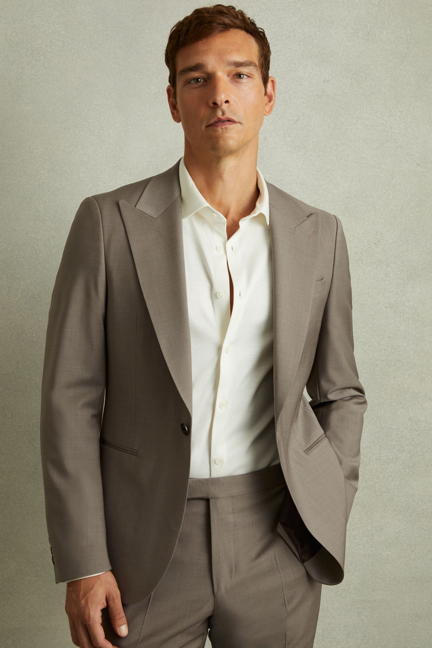 REISS MUSHROOM BROWN TEXTURED WOOL BLEND SINGLE BREASTED BLAZER