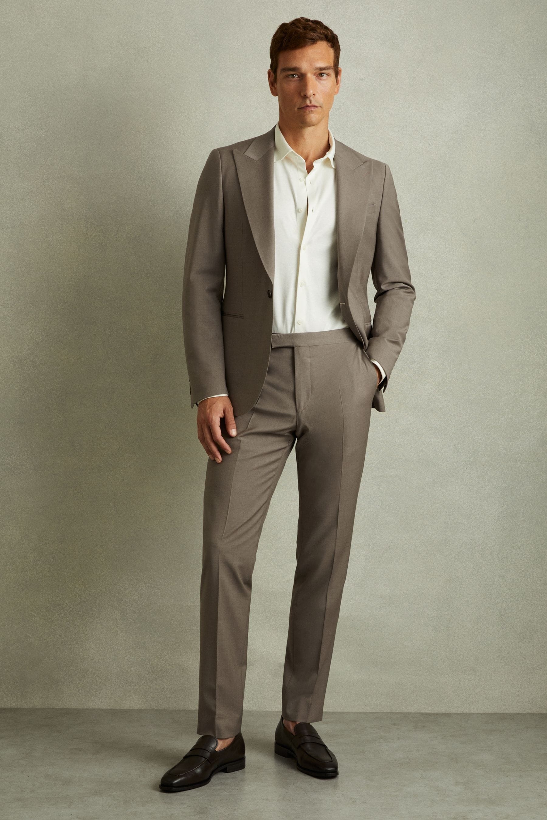 Reiss Mushroom Brown Textured Wool Blend Side Adjuster Tapered Fit Trousers, 32