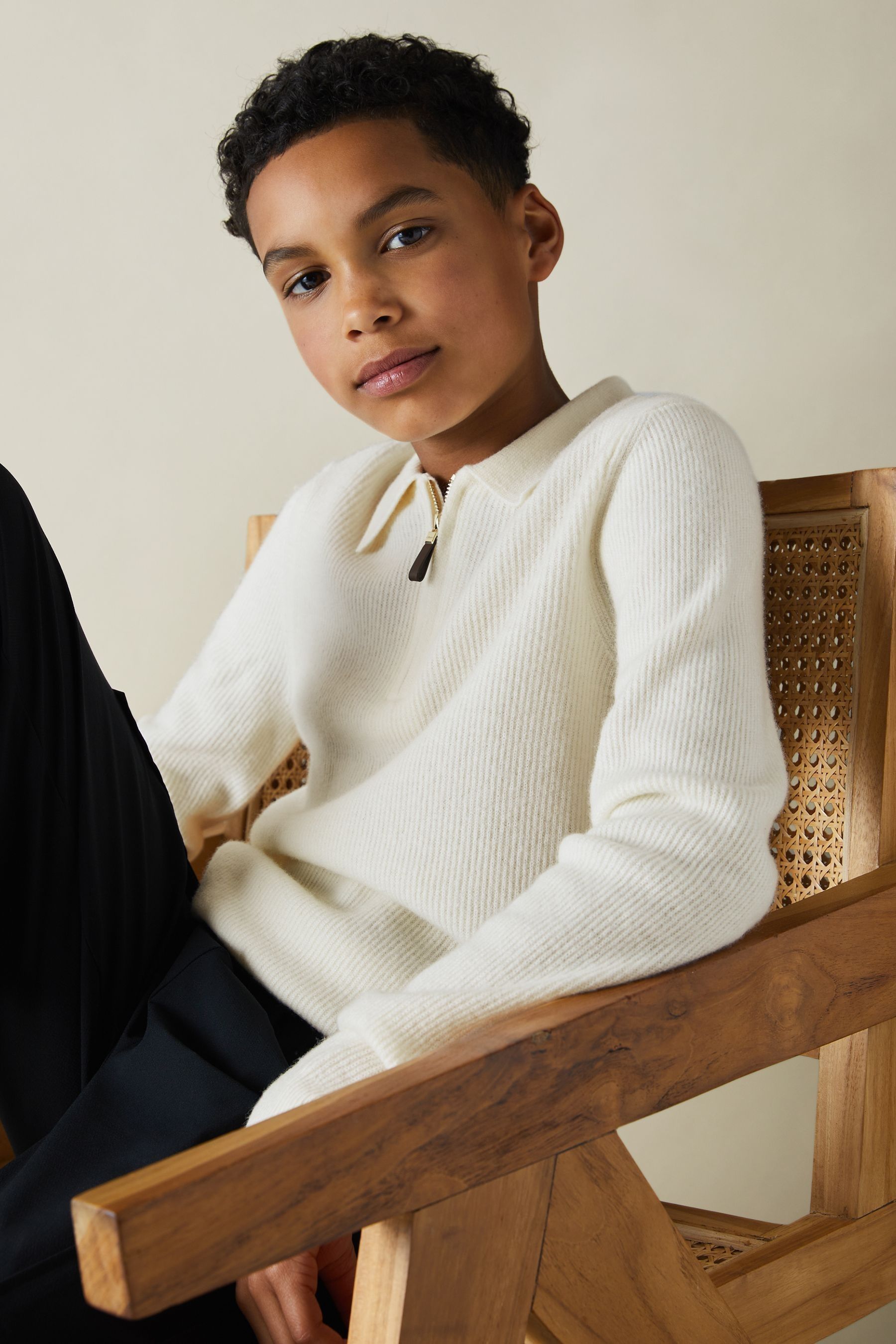 Reiss Off White 9-13 Yrs Merino Wool Quarter Zip Polo Shirt In Off White