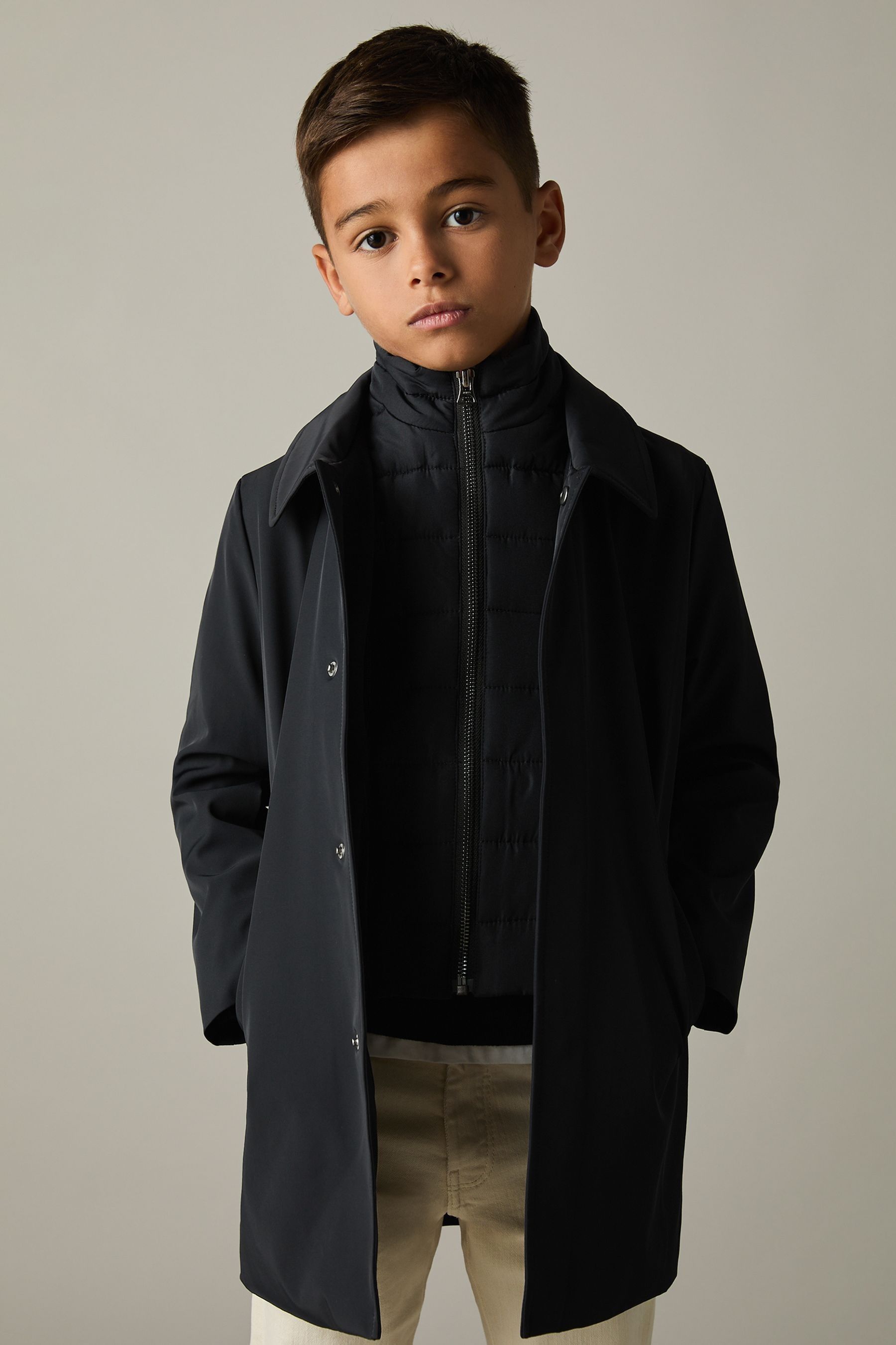 Reiss Navy Logan 9-13 Yrs Gabardine Coat With Removable Gilet In Navy