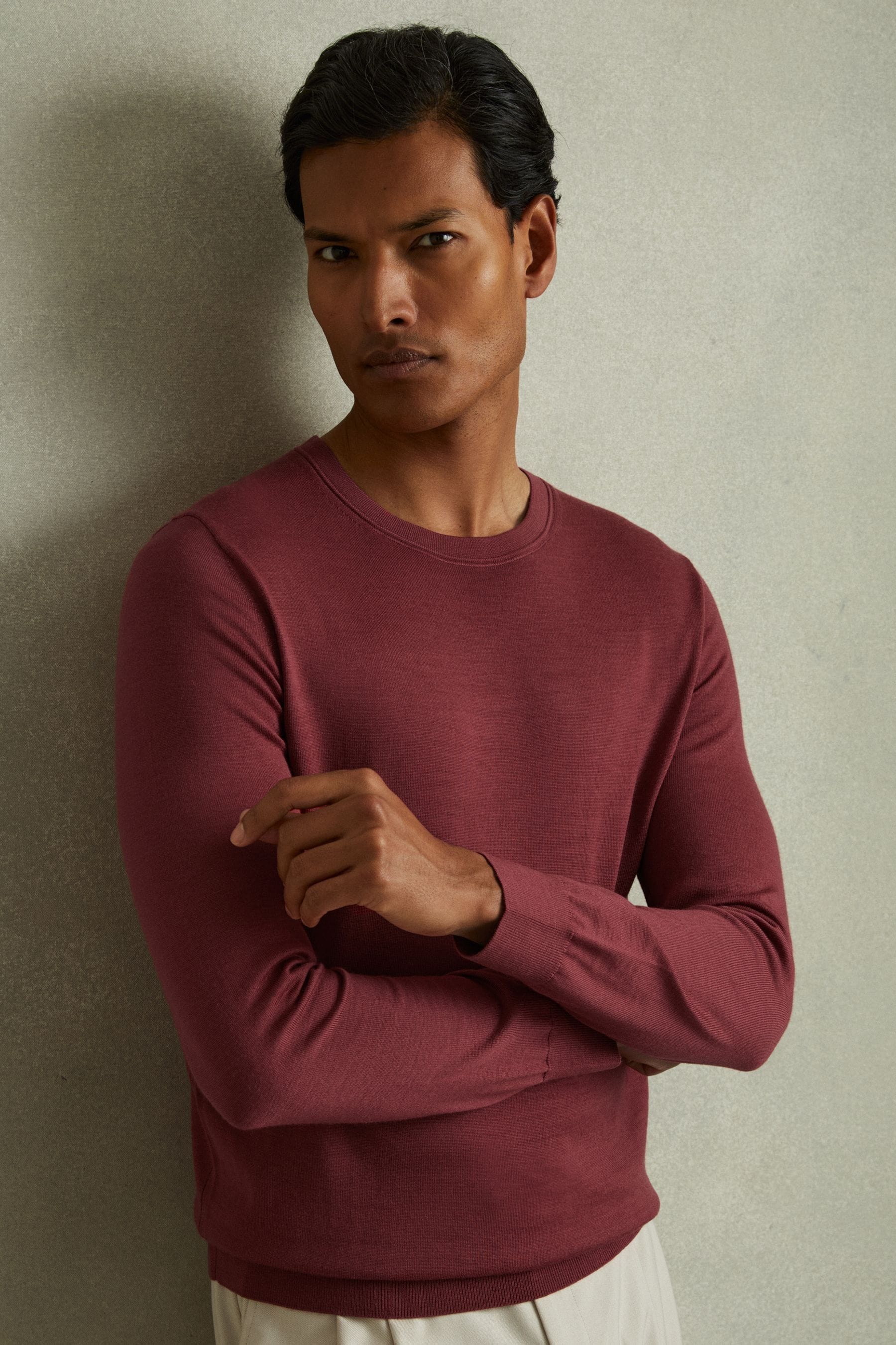 Reiss Cherry Pink Merino Wool Crew Neck Jumper, Xxl