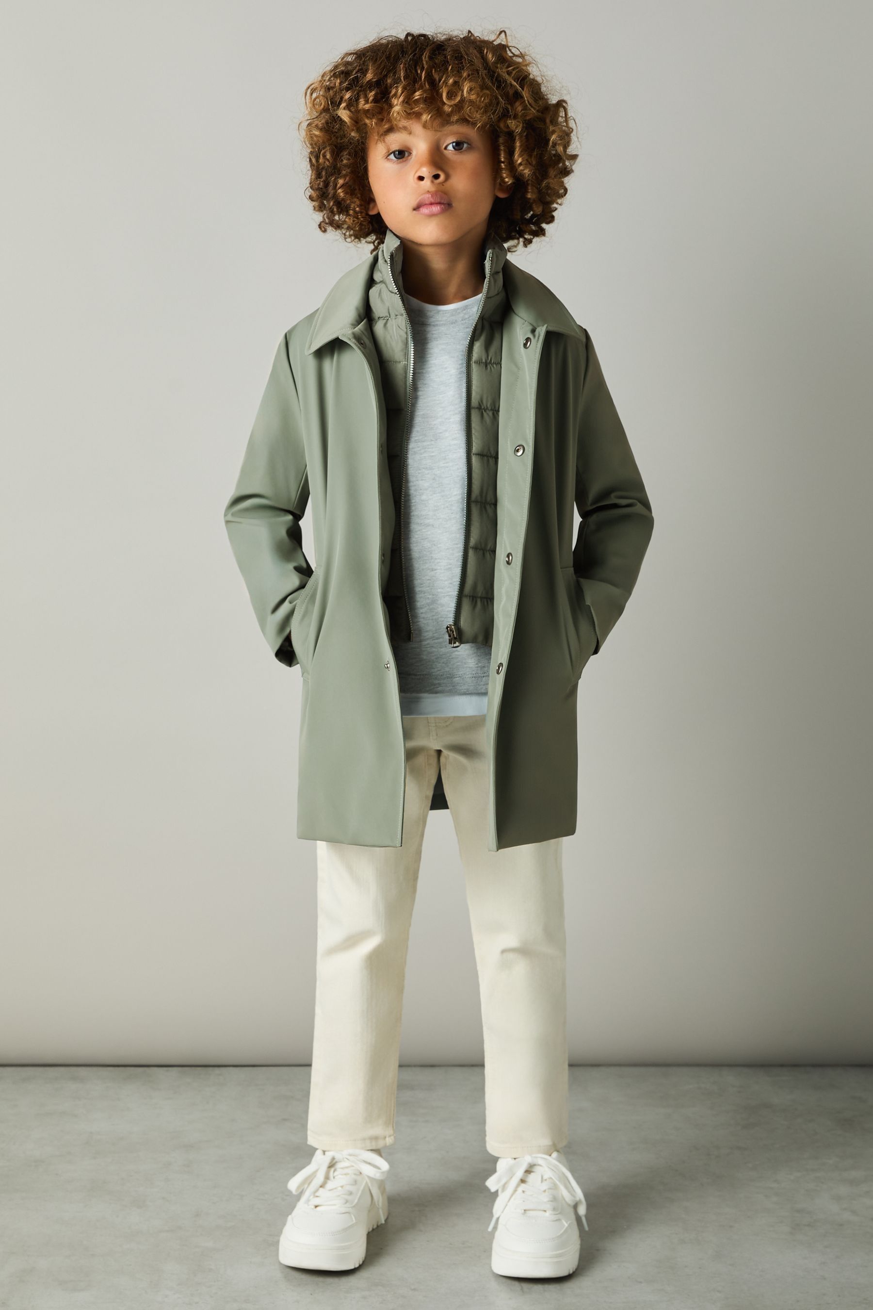 REISS SAGE GREEN LOGAN 3-9 YRS GABARDINE COAT WITH REMOVABLE GILET
